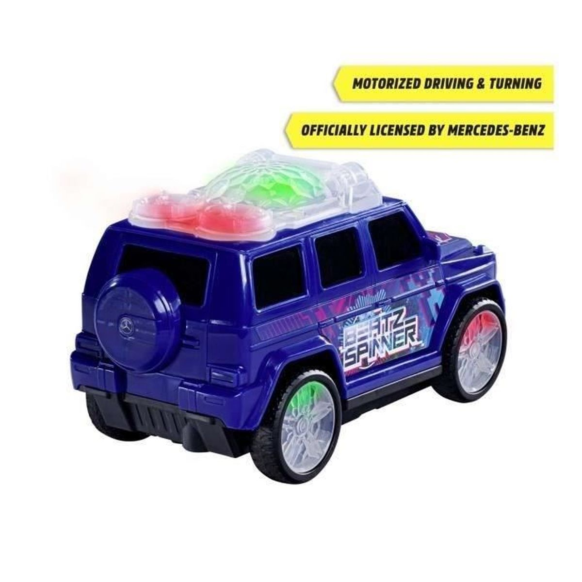 Ein blaues Spielzeugauto mit der Aufschrift 'Beatz Spinner' hat blinkende Lichter und ist offiziell von Mercedes-Benz lizenziert. Merkmale sind sich drehende Räder.