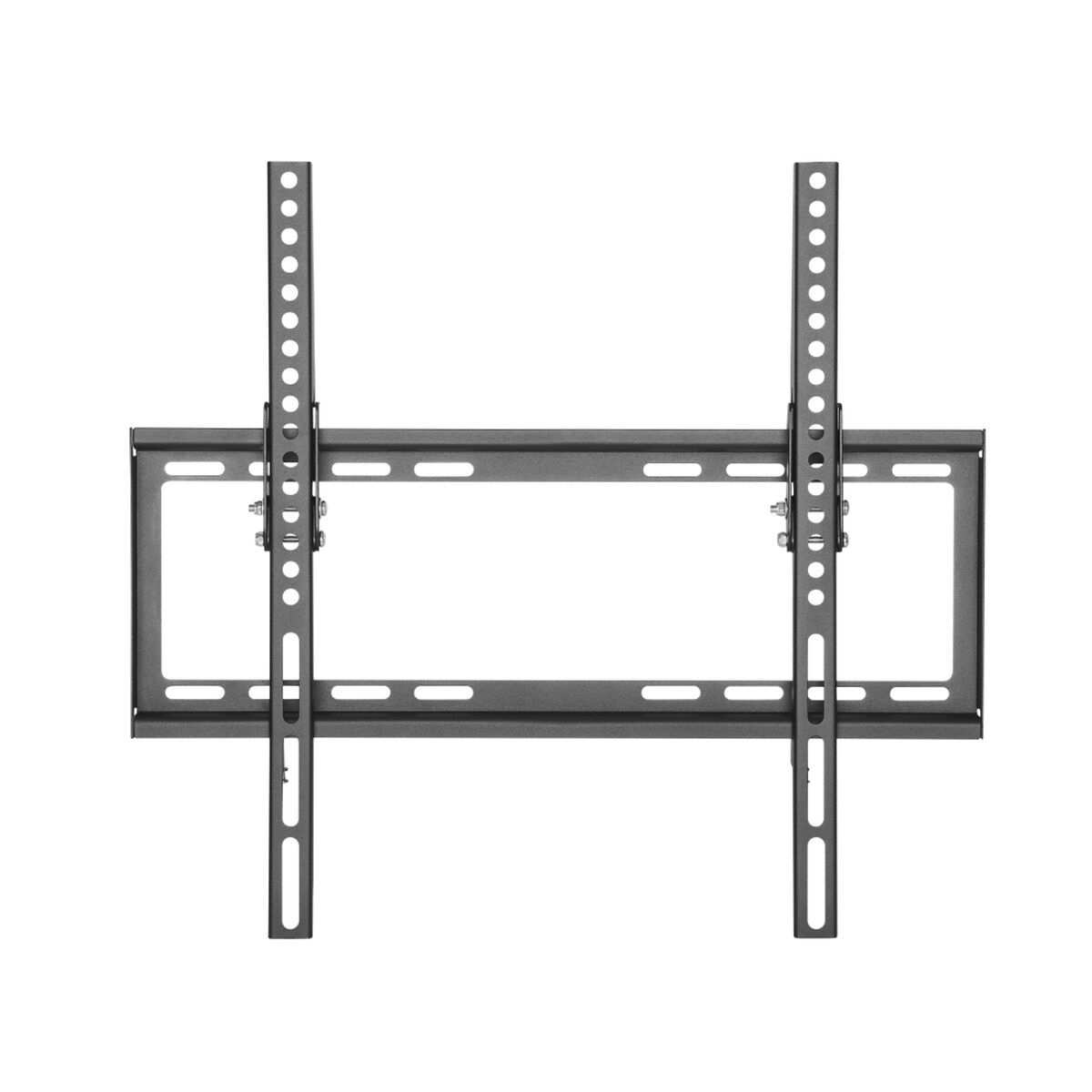 Un support mural de télévision en métal gris est centré sur un fond blanc. Il comporte des barres verticales et horizontales avec des trous de vis.