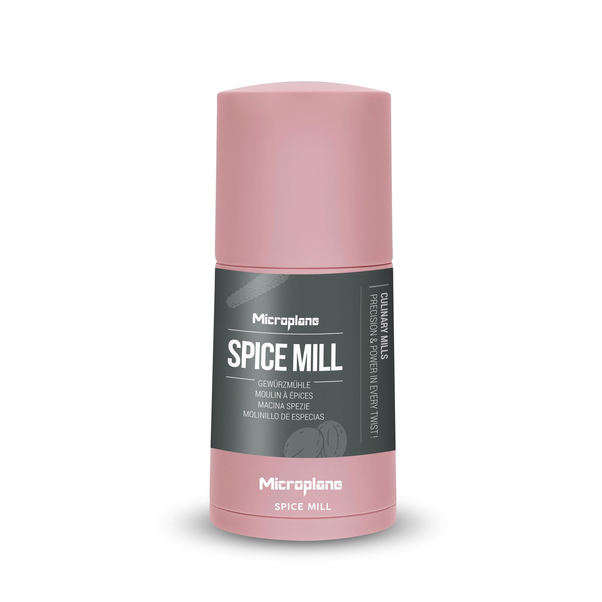 Eine rosa Gewürzmühle mit schwarzem Etikett und Text in mehreren Sprachen. Die Marke ist Microplane.