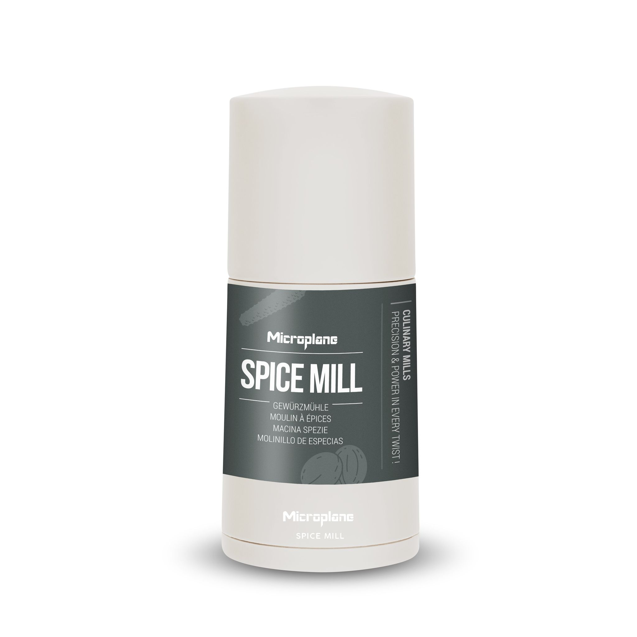 Eine weiße Gewürzmühle mit schwarzem Etikett. Text: Microplane Spice Mill, mit Übersetzungen in mehreren Sprachen.