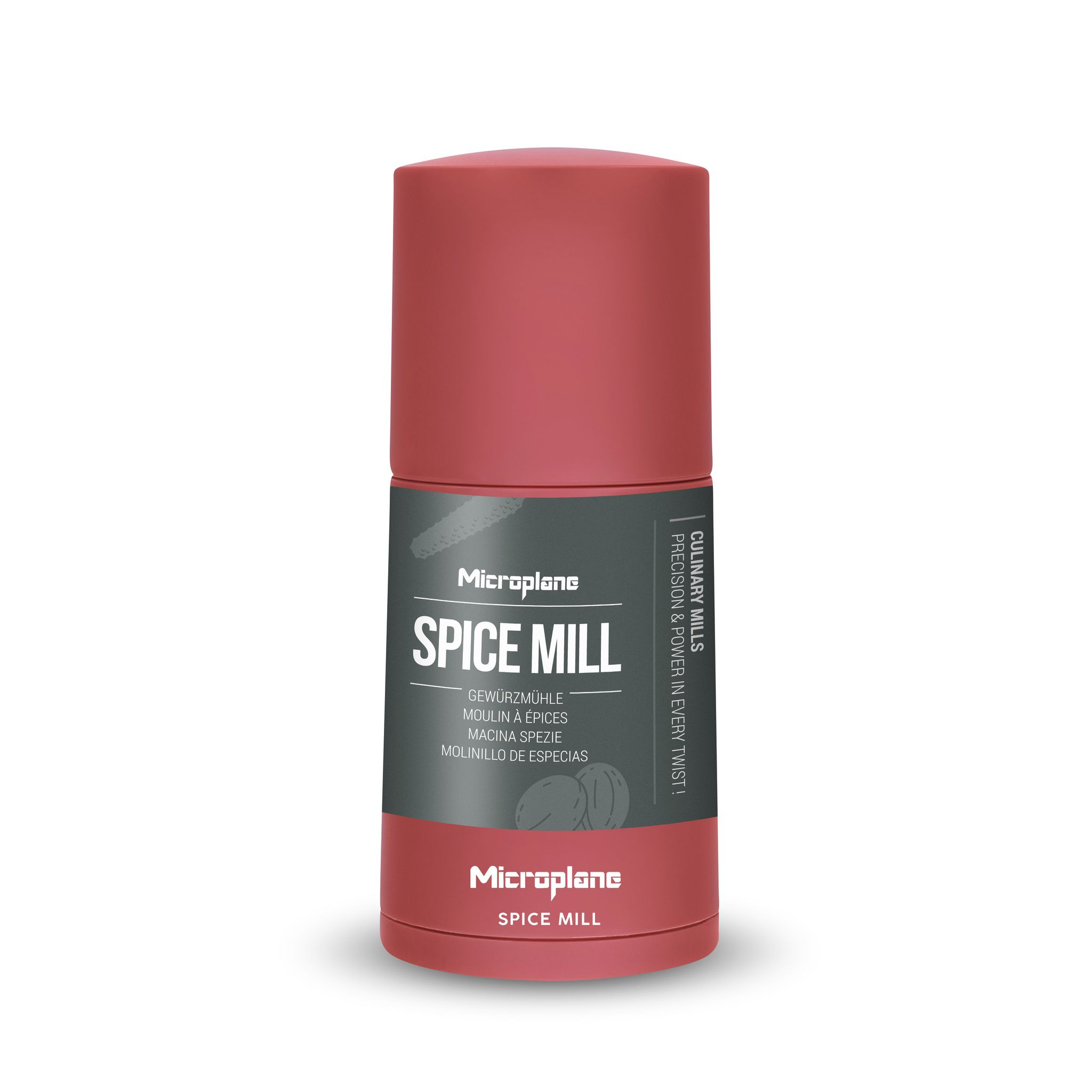 Eine rote Microplane-Gewürzmühle. Auf der Vorderseite steht 'Spice Mill' mit Text in anderen Sprachen. 'Culinary Mills' steht seitlich.