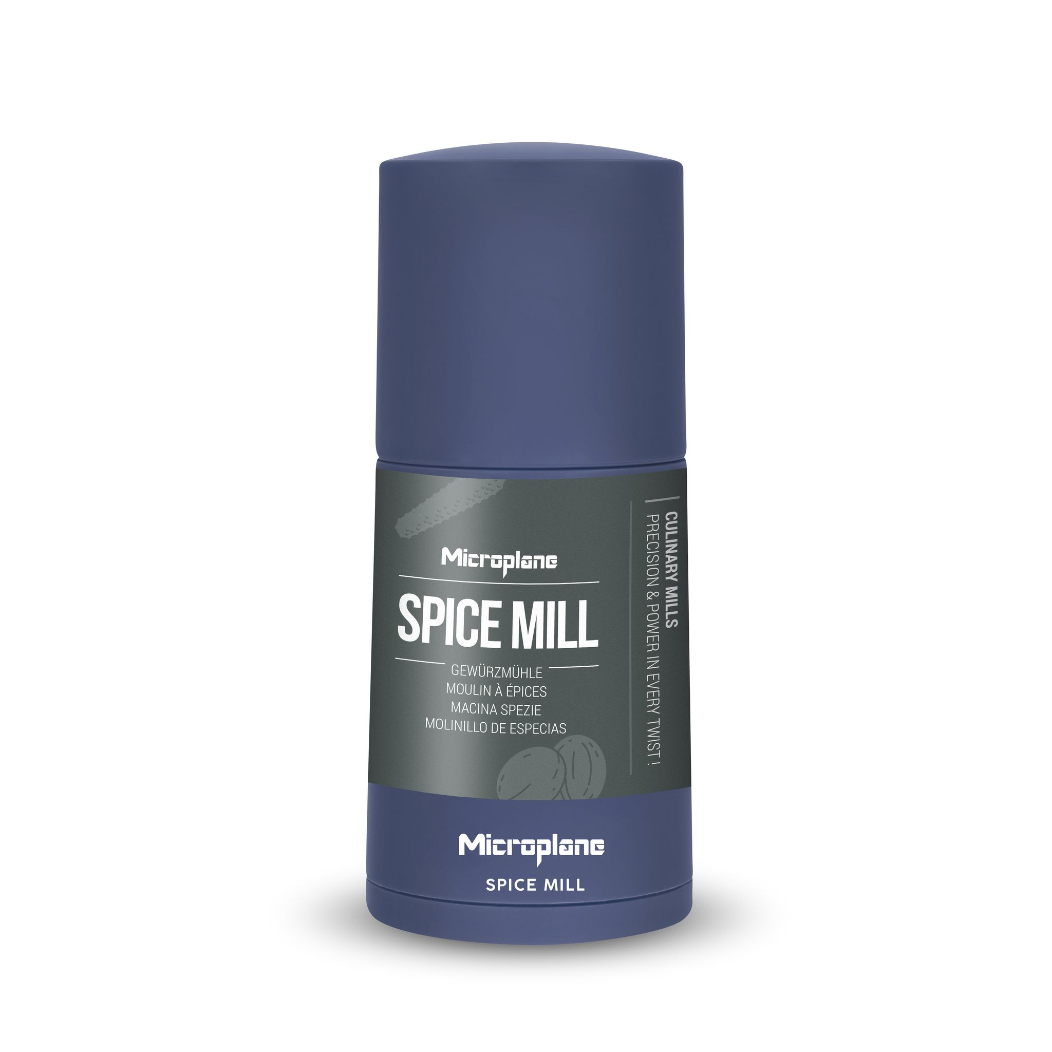 Eine blaue Gewürzmühle der Marke Microplane. Der Text beinhaltet 'Spice Mill' in mehreren Sprachen. Weißer Hintergrund.