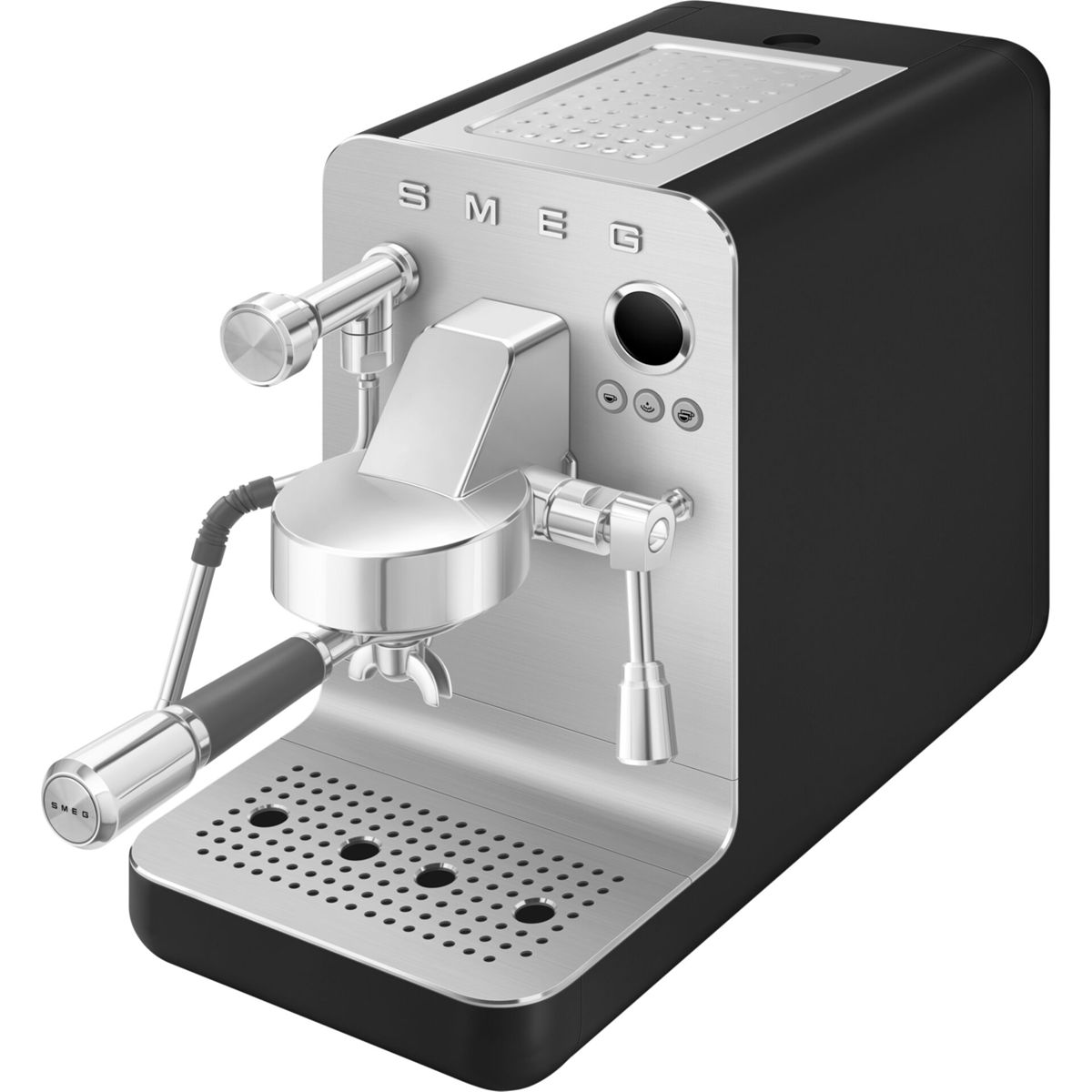 Srebrno-czarny ekspres do kawy SMEG. Ma srebrny przód i czarne boki. Ekspres stoi na białym tle.
