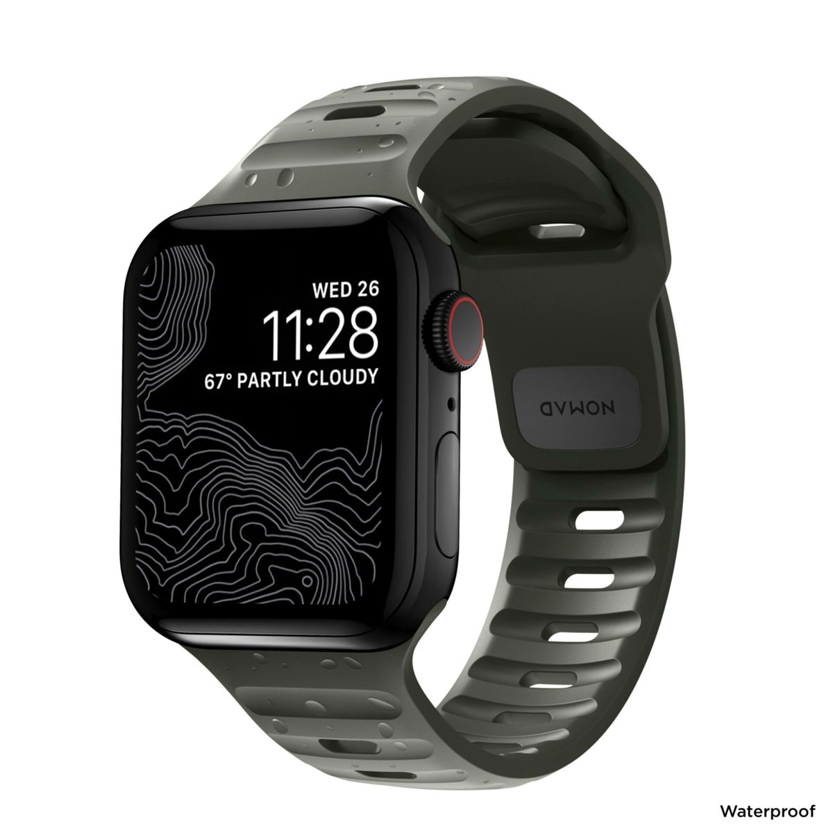 Eine Apple Watch mit dunkelgrünem Armband zeigt Uhrzeit, Datum und Wetter an. Die Uhr liegt auf einer weißen Oberfläche und sagt 'Wasserdicht'.