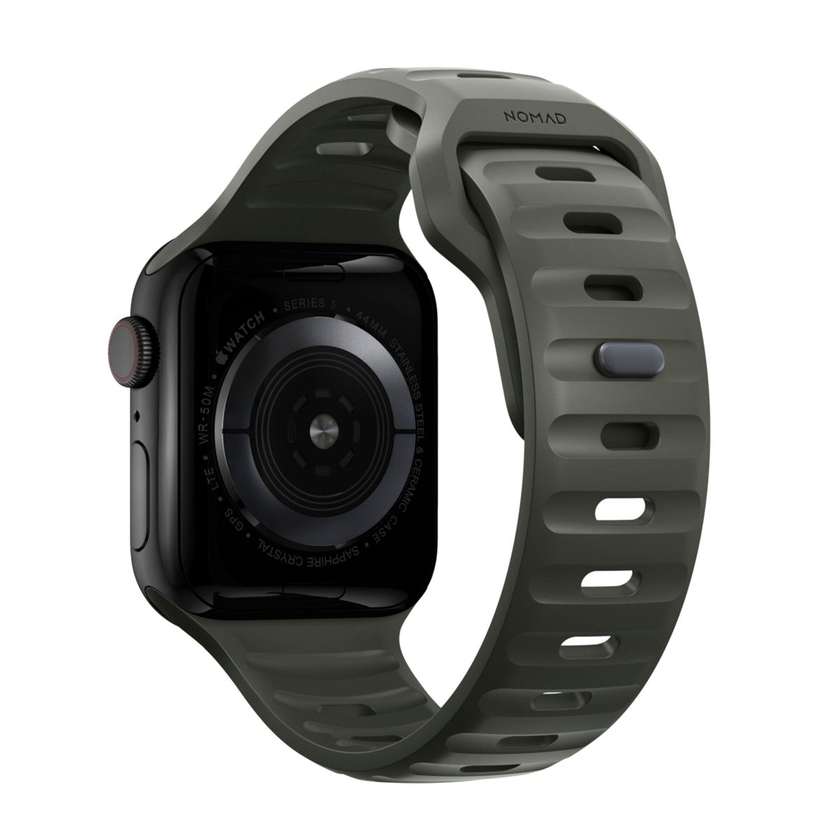 Eine Apple Watch Series 5 mit grünem Armband wird gezeigt. Die Uhr hat einen schwarzen Bildschirm und ein graues Armband mit der Marke Nomad.
