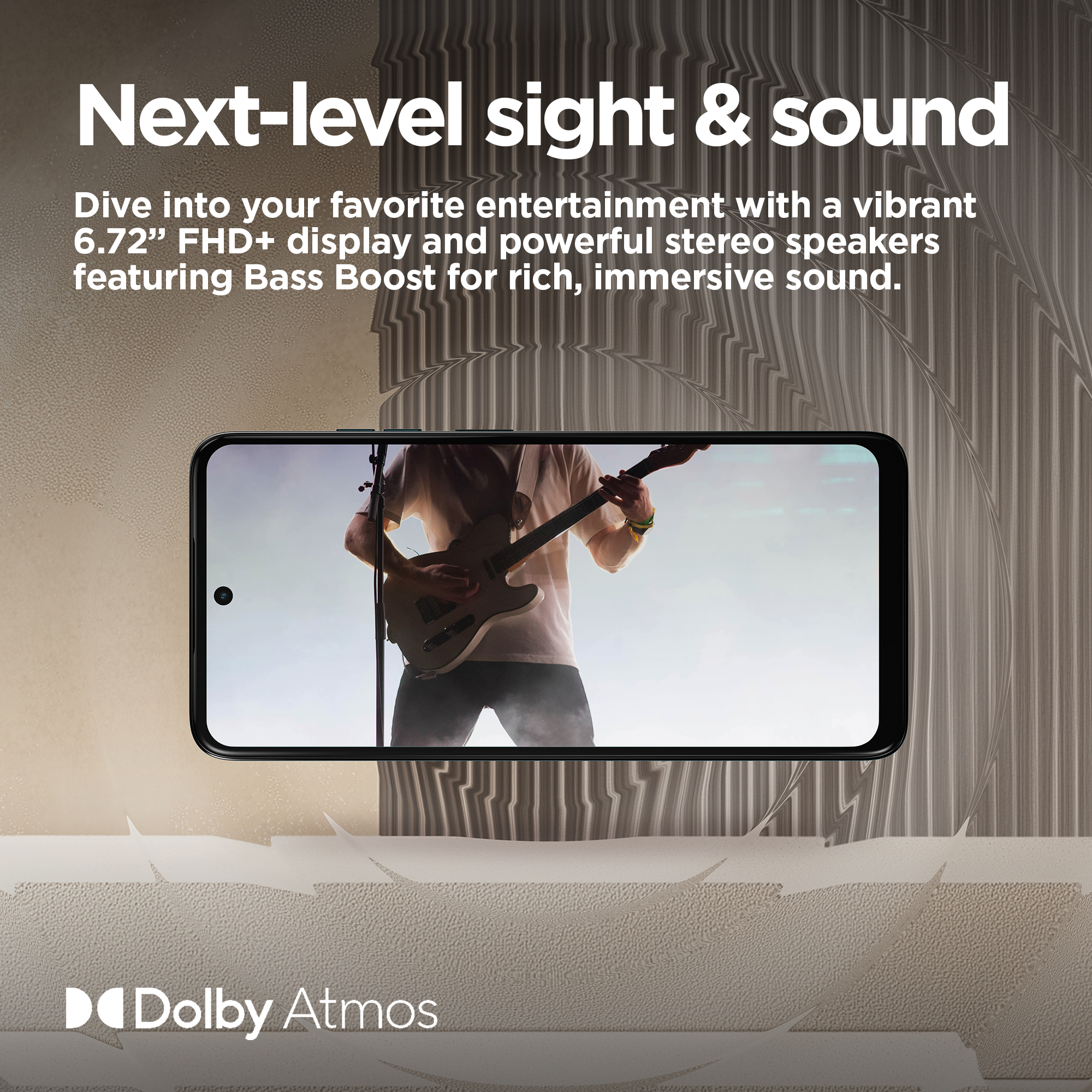 Een smartphone toont een muzikant die gitaar speelt. Tekst: 'Next-level sight & sound' en Dolby Atmos logo.