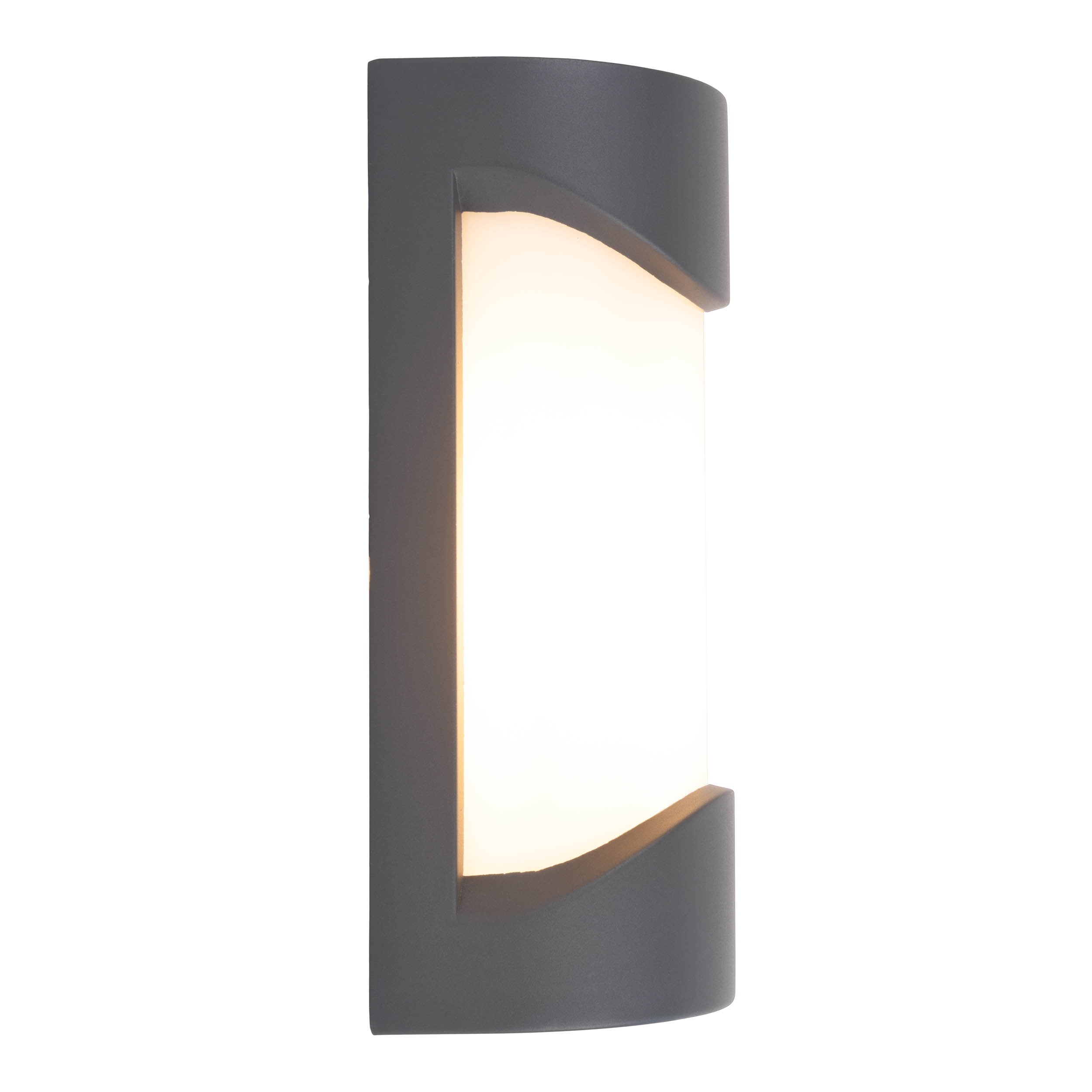 Eine graue Wandleuchte mit einer hellen, rechteckigen Lichtquelle. Die Lampe hat abgerundete Ober- und Unterkanten.