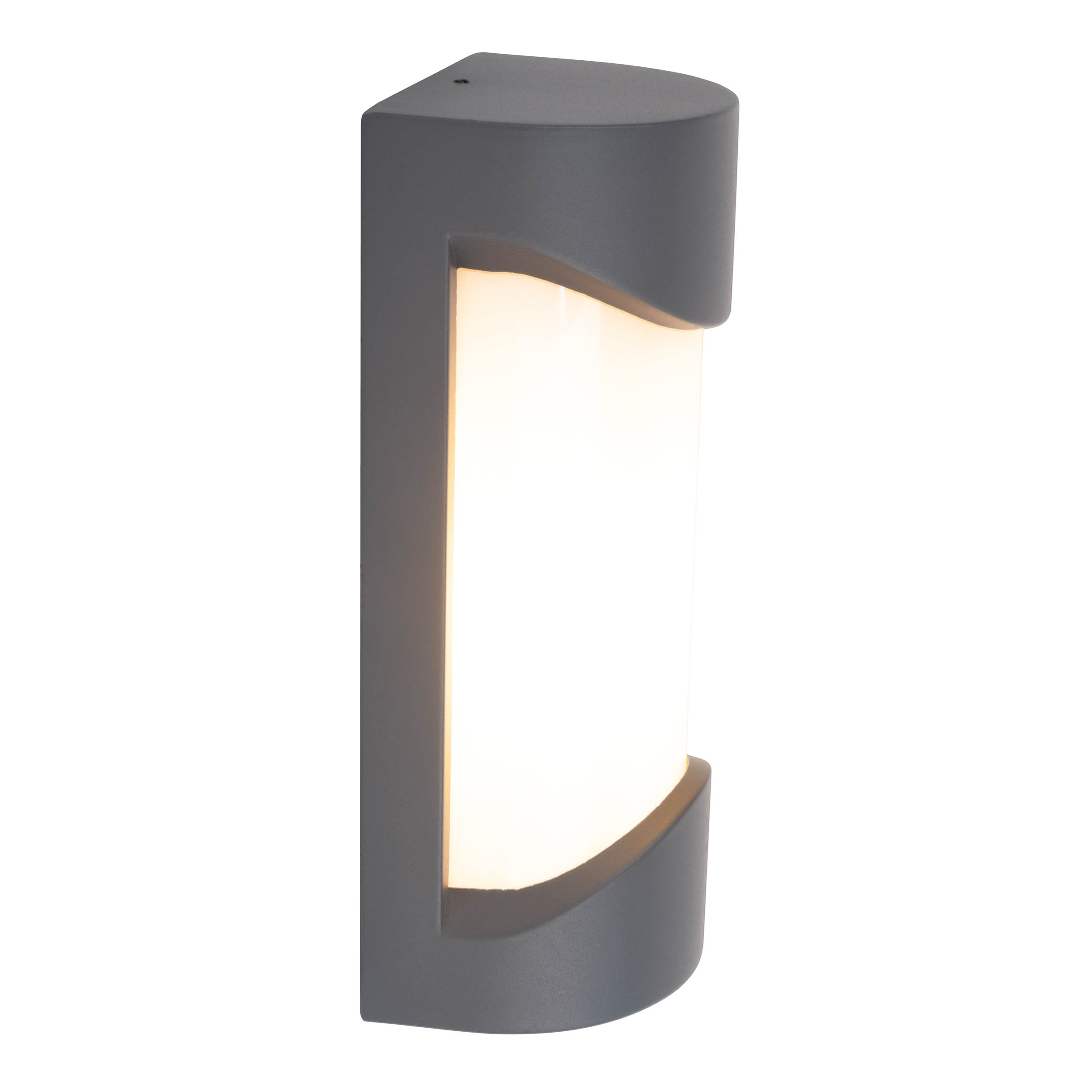 Eine graue, moderne Außenwandleuchte. Sie hat eine gebogene Form mit einer hellen, rechteckigen Lichtquelle in der Mitte.