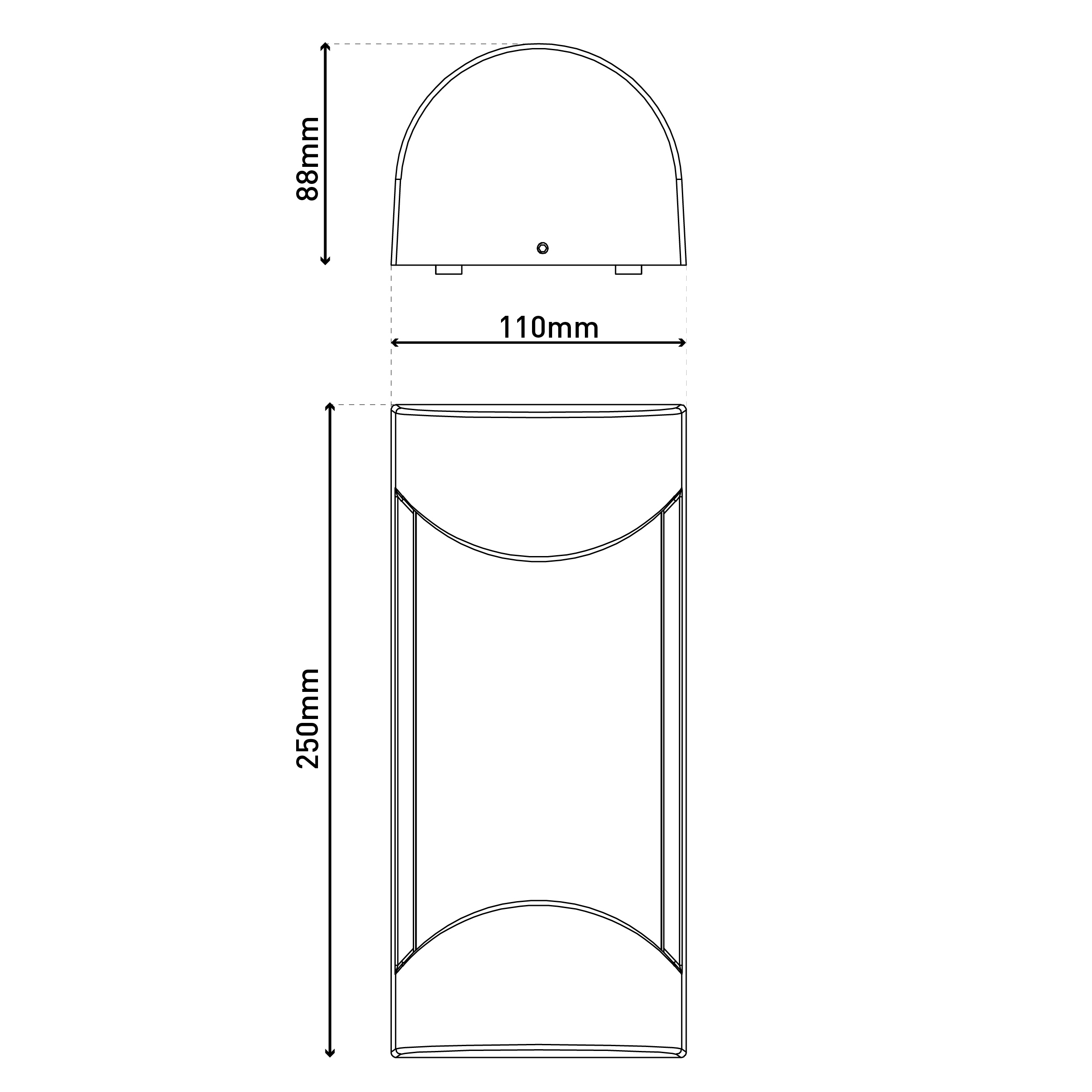 Technische Zeichnung einer Wandleuchte. Sie hat die Maße: 88 mm hoch, 110 mm breit und 250 mm lang. Details sind schwarz umrandet.