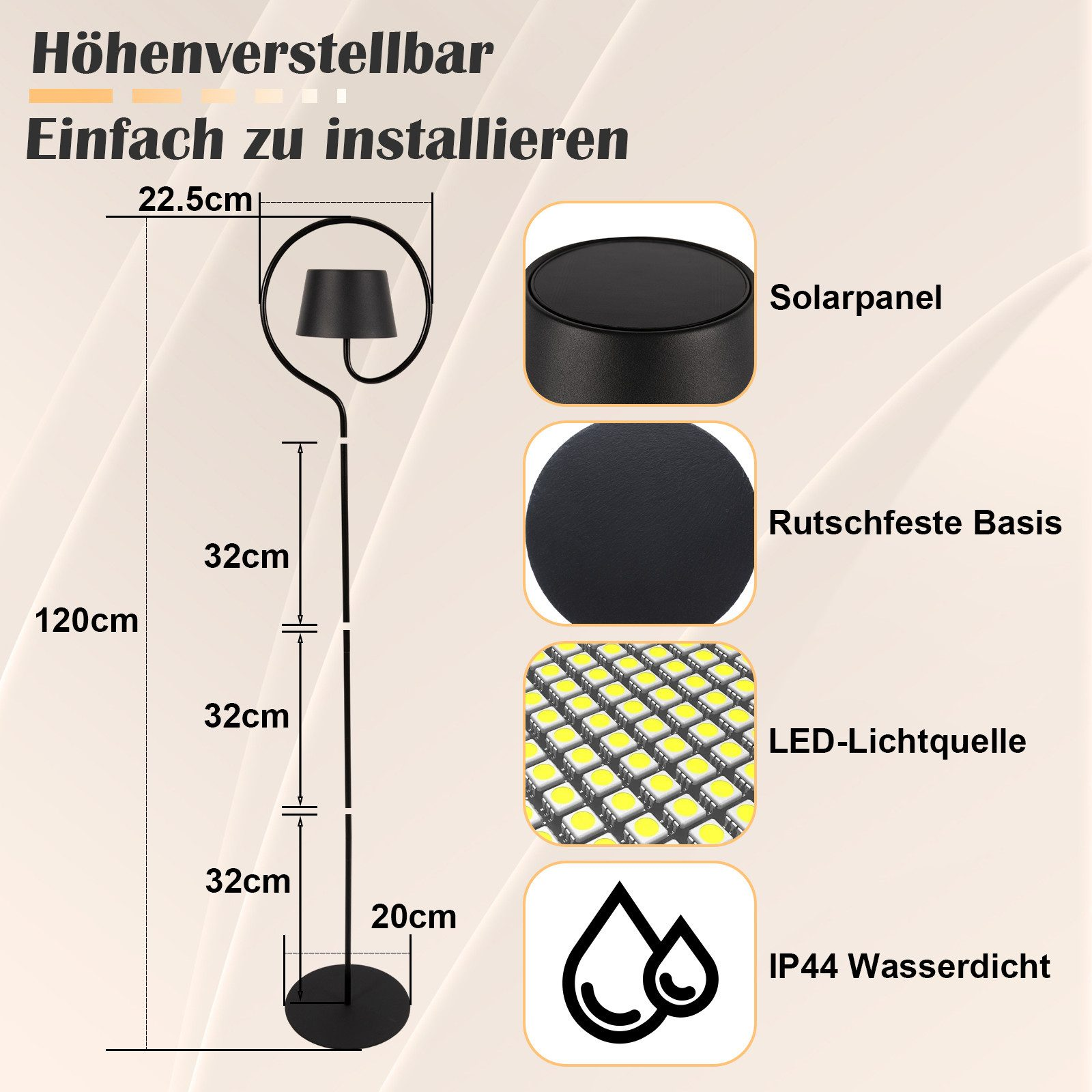 Una lampada solare nera con dettagli, tra cui pannello solare, luci LED e valutazione impermeabile.
