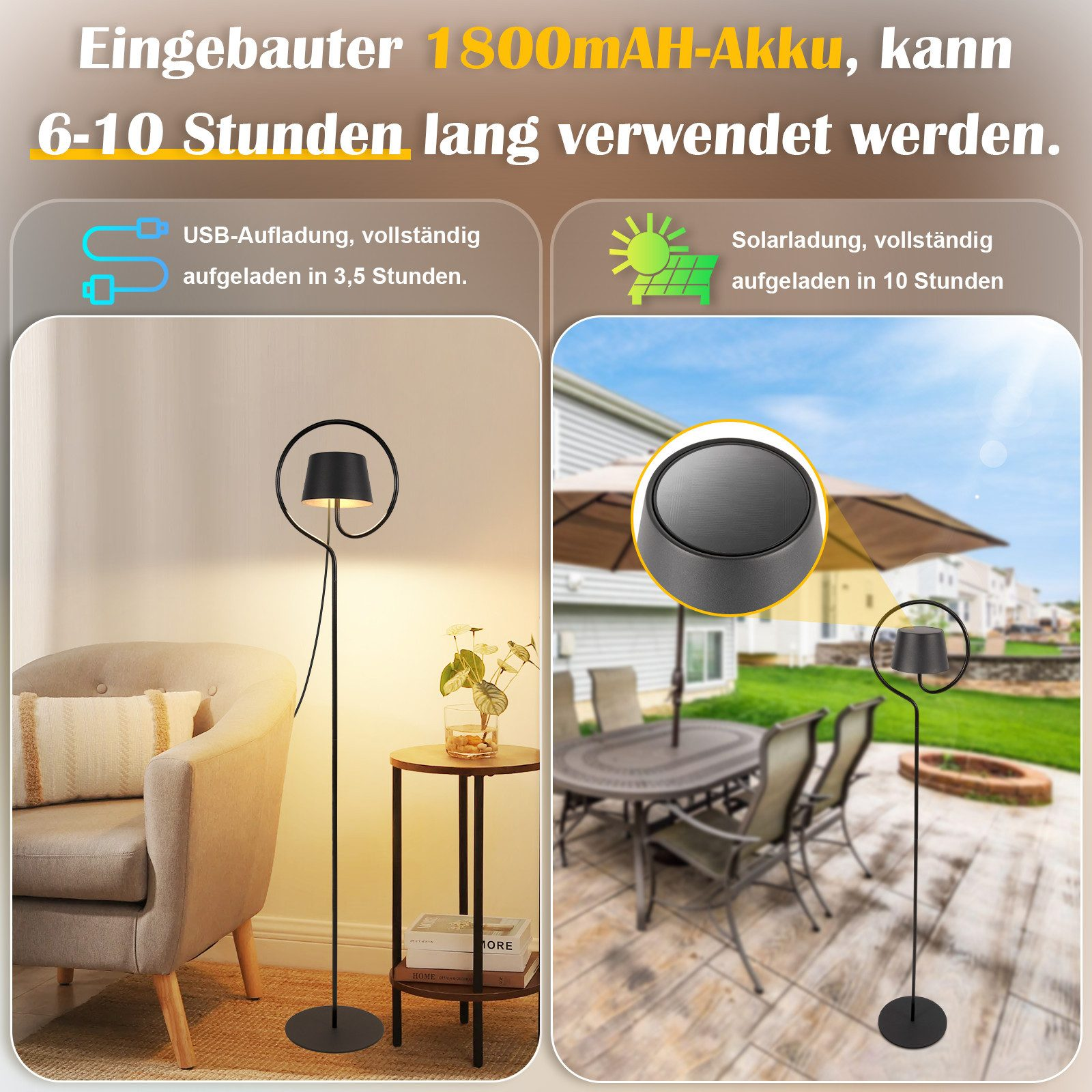 L'immagine mostra una lampada, con opzioni di ricarica USB e solare. Mostra anche una stanza con una sedia e un tavolo.