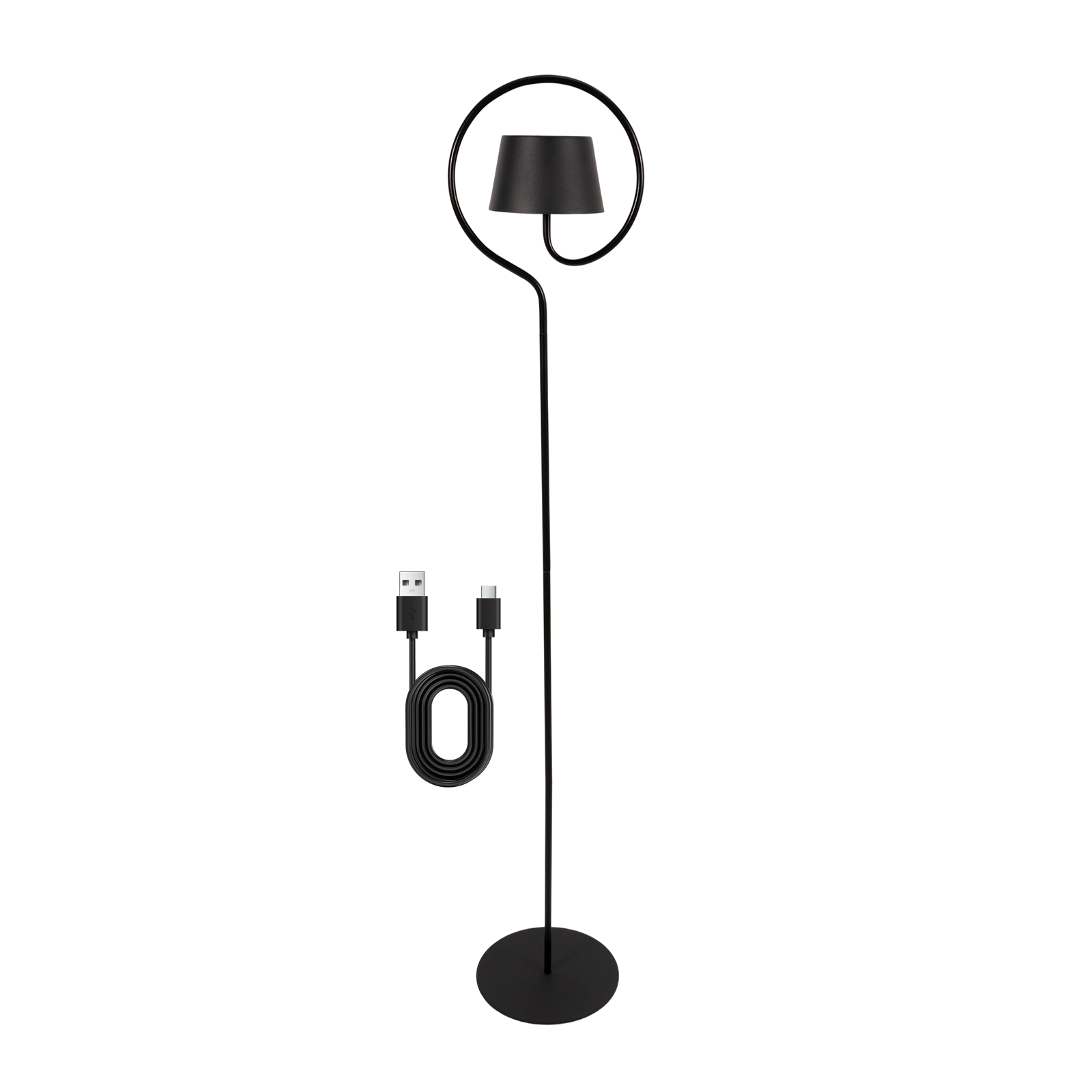 Lampada da terra nera con paralume e cavo USB su sfondo bianco.