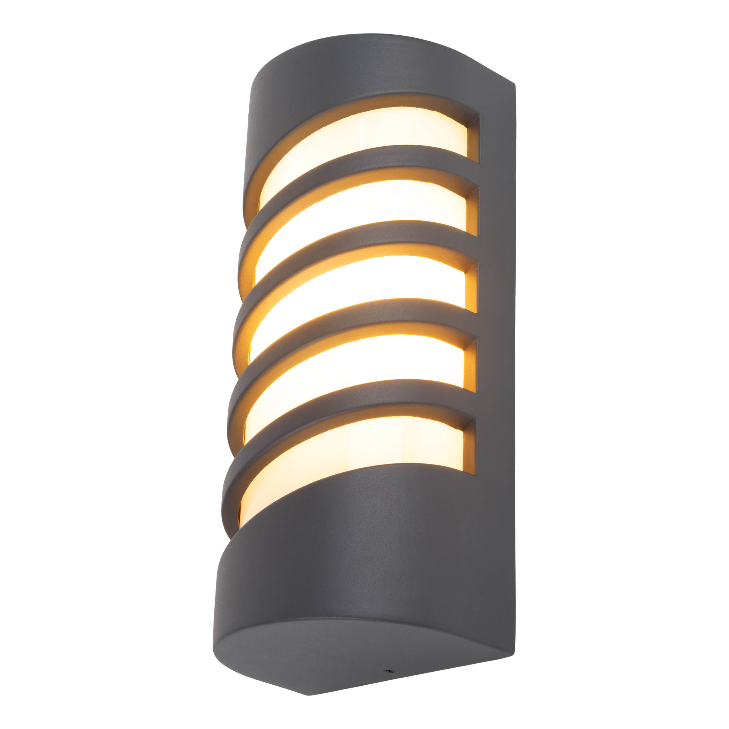 Eine graue, an der Wand montierte Außenleuchte. Es hat ein geschwungenes Design mit horizontalen Lichtöffnungen.