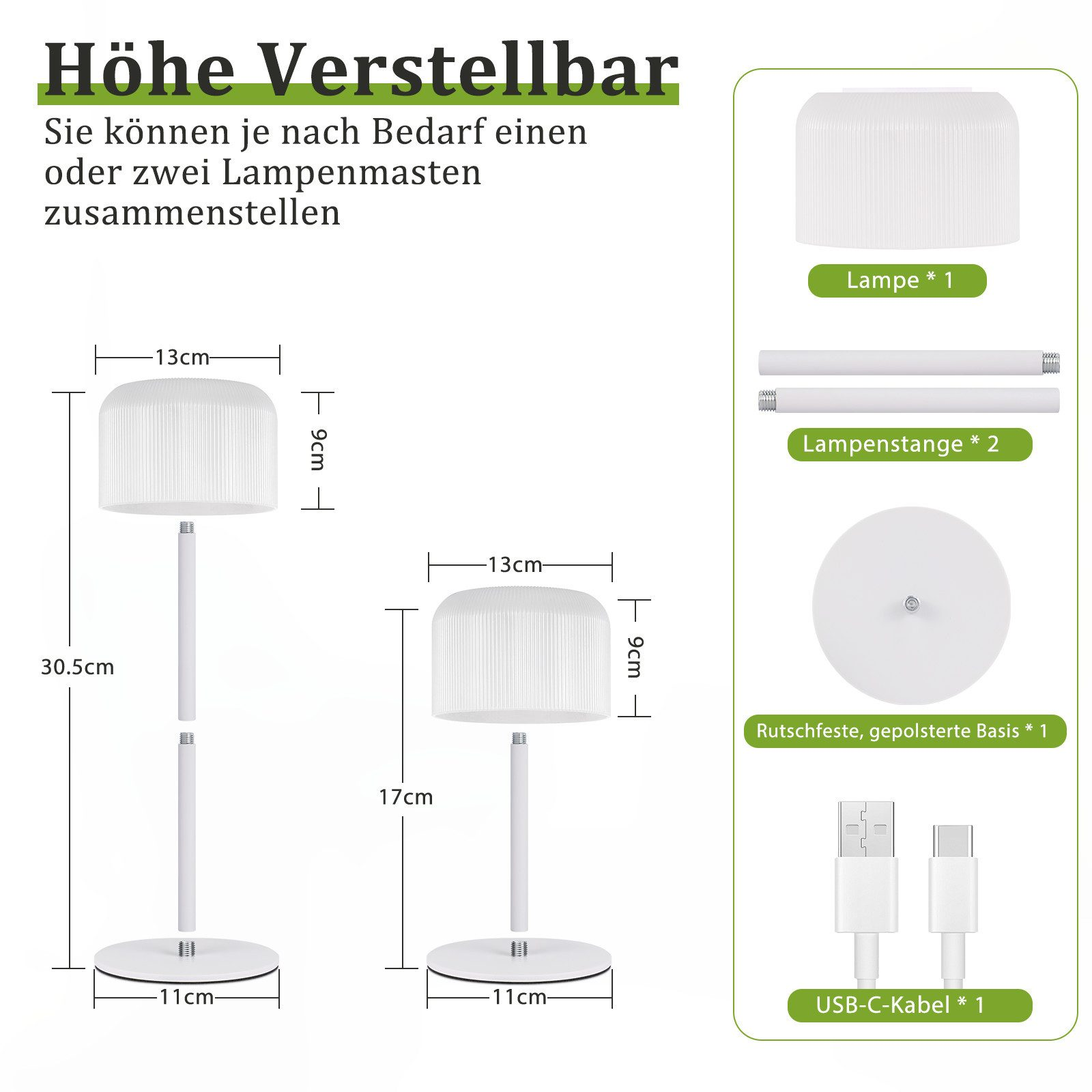 Schema di una lampada regolabile, che mostra parti e dimensioni. Include lampada, palo, base e cavo USB-C.
