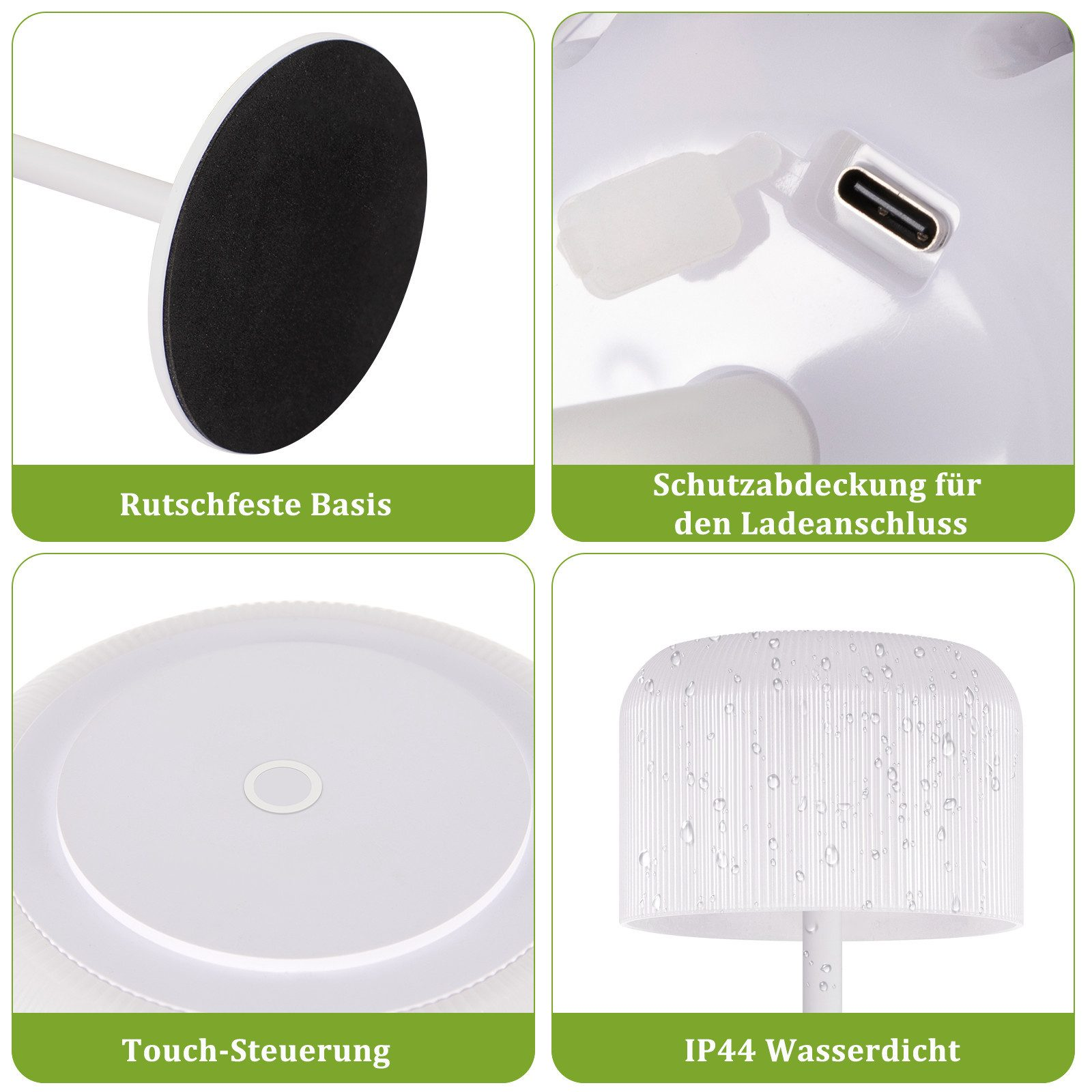 Una lampada bianca con base nera, copertura porta USB, controllo touch e grado di protezione IP44. Viste ravvicinate.