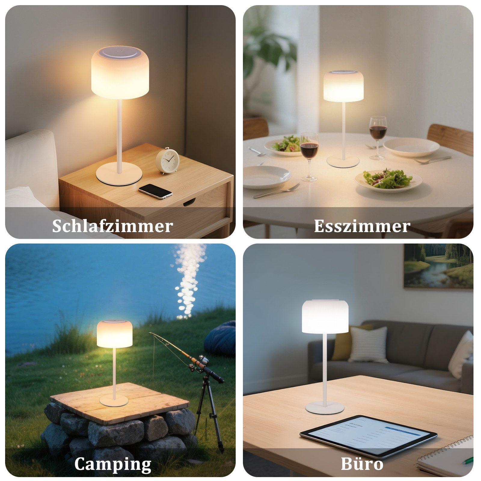 Quattro scene con una lampada bianca. Camera da letto, sala da pranzo con cibo e vino, campeggio con attrezzatura da pesca e ufficio con tablet.