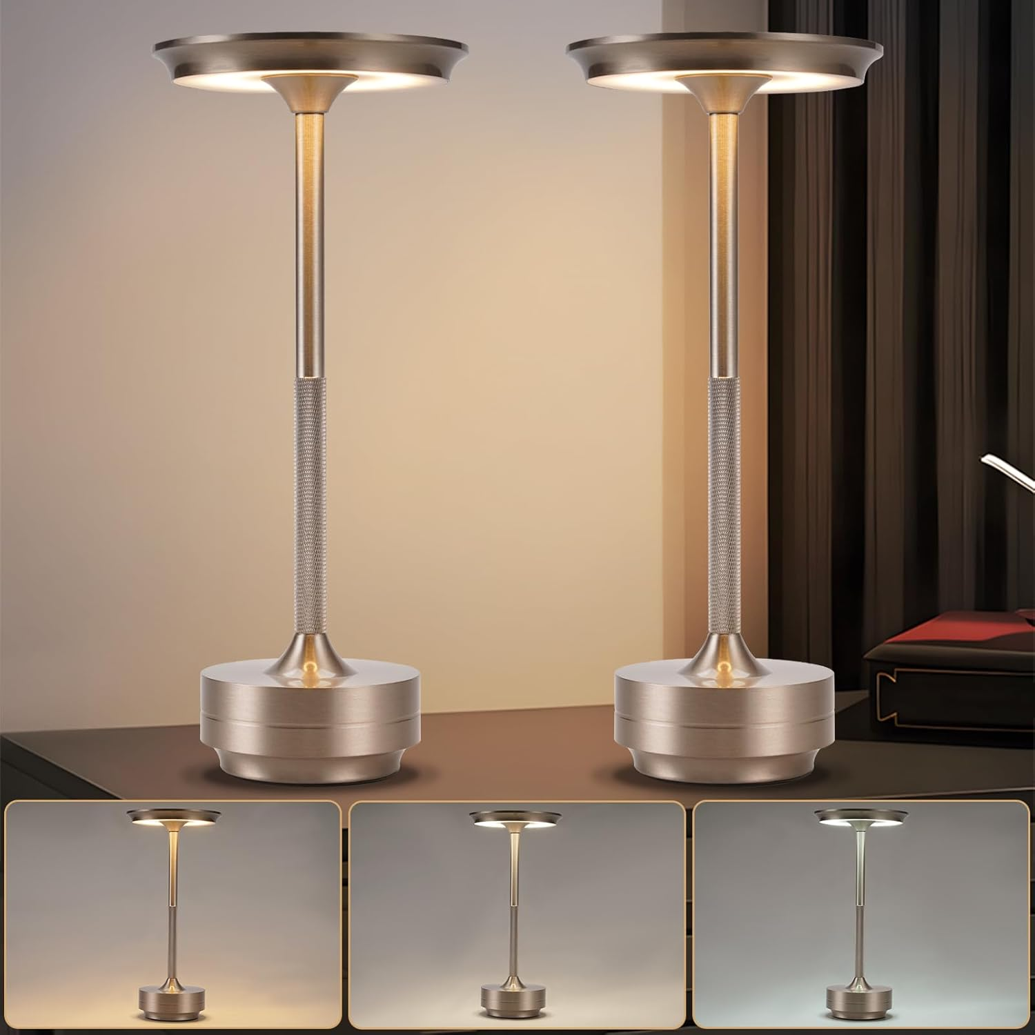 Due lampade moderne con luci dimmerabili. Bronzo, design elegante. Un tavolo sullo sfondo.