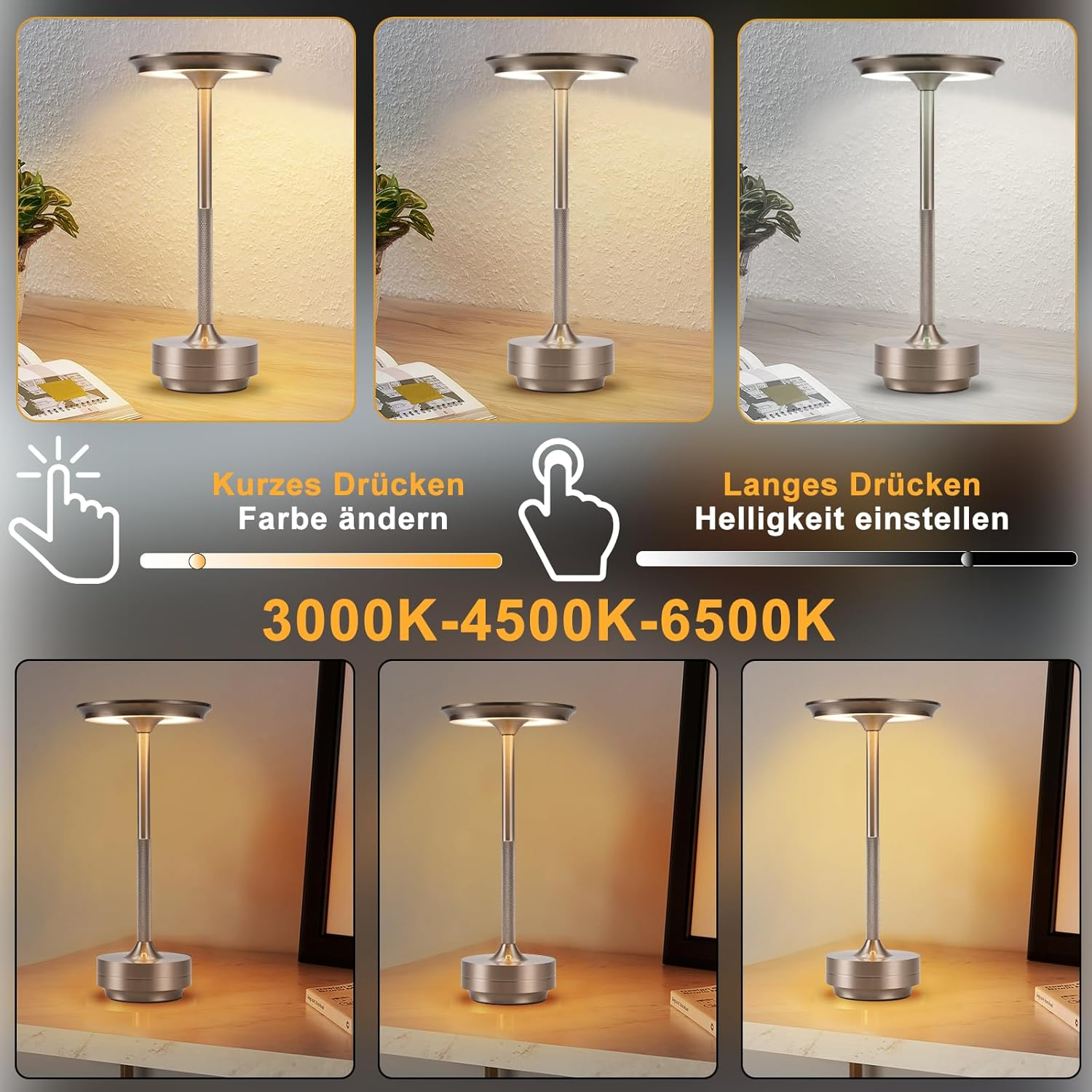 Una lampada da tavolo con colore e luminosità della luce regolabili. La lampada è argentata e ha un top rotondo. Lo sfondo è un tavolo.