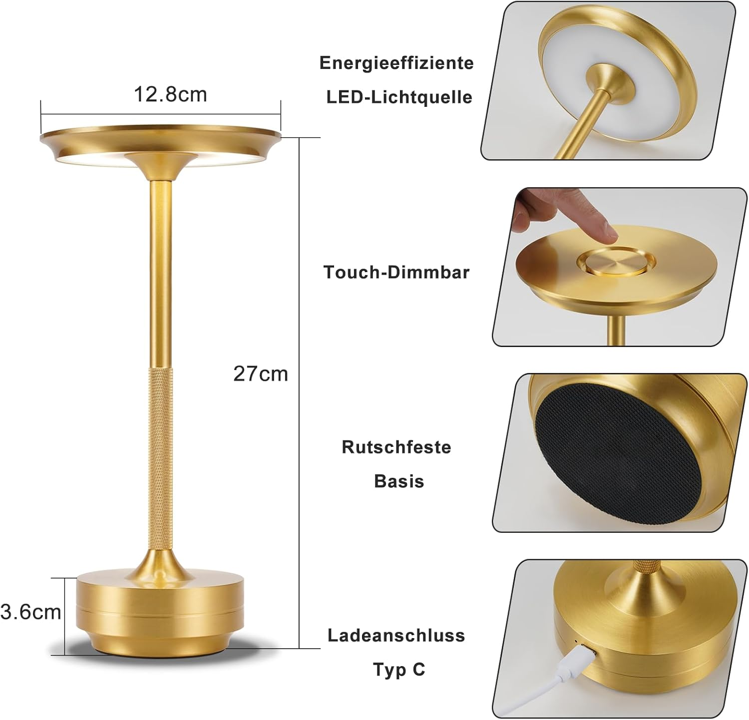 Una lampada da tavolo color oro con parte superiore e inferiore rotonde. La lampada è alta 27 cm, ha un dimmer touch e una porta di ricarica USB-C.