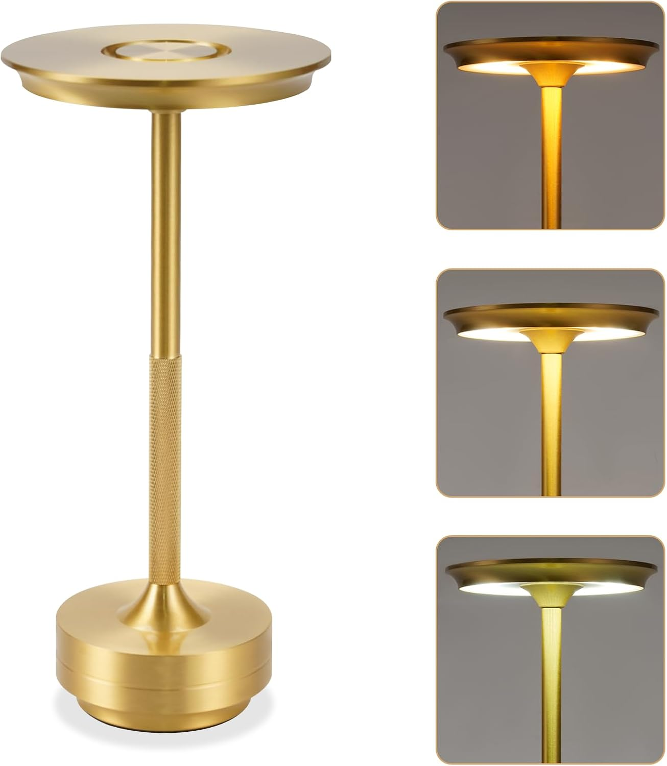 Una lampada da tavolo dorata con parte superiore e base rotonde. La lampada ha uno stelo strutturato e tre opzioni di illuminazione.