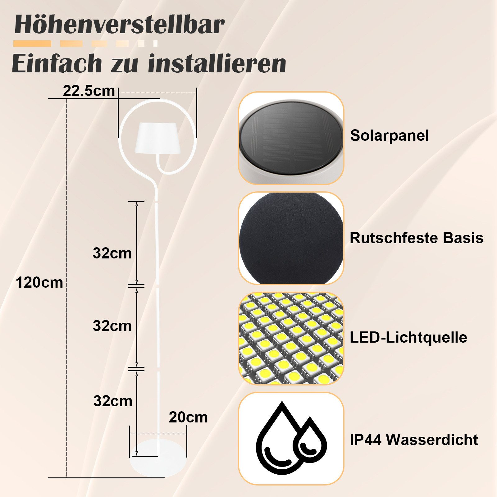 Diagramma di una lampada solare bianca. Le etichette di testo indicano dimensioni e caratteristiche come pannello solare, LED e IP44 impermeabile.