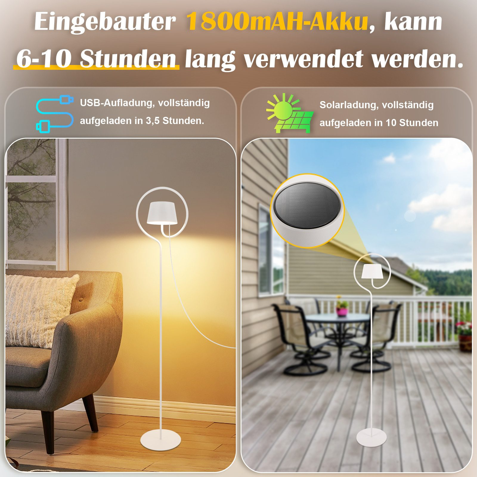 Un'immagine mostra una lampada con opzioni di ricarica solare e USB. Il testo indica che può essere utilizzata per 6-10 ore.