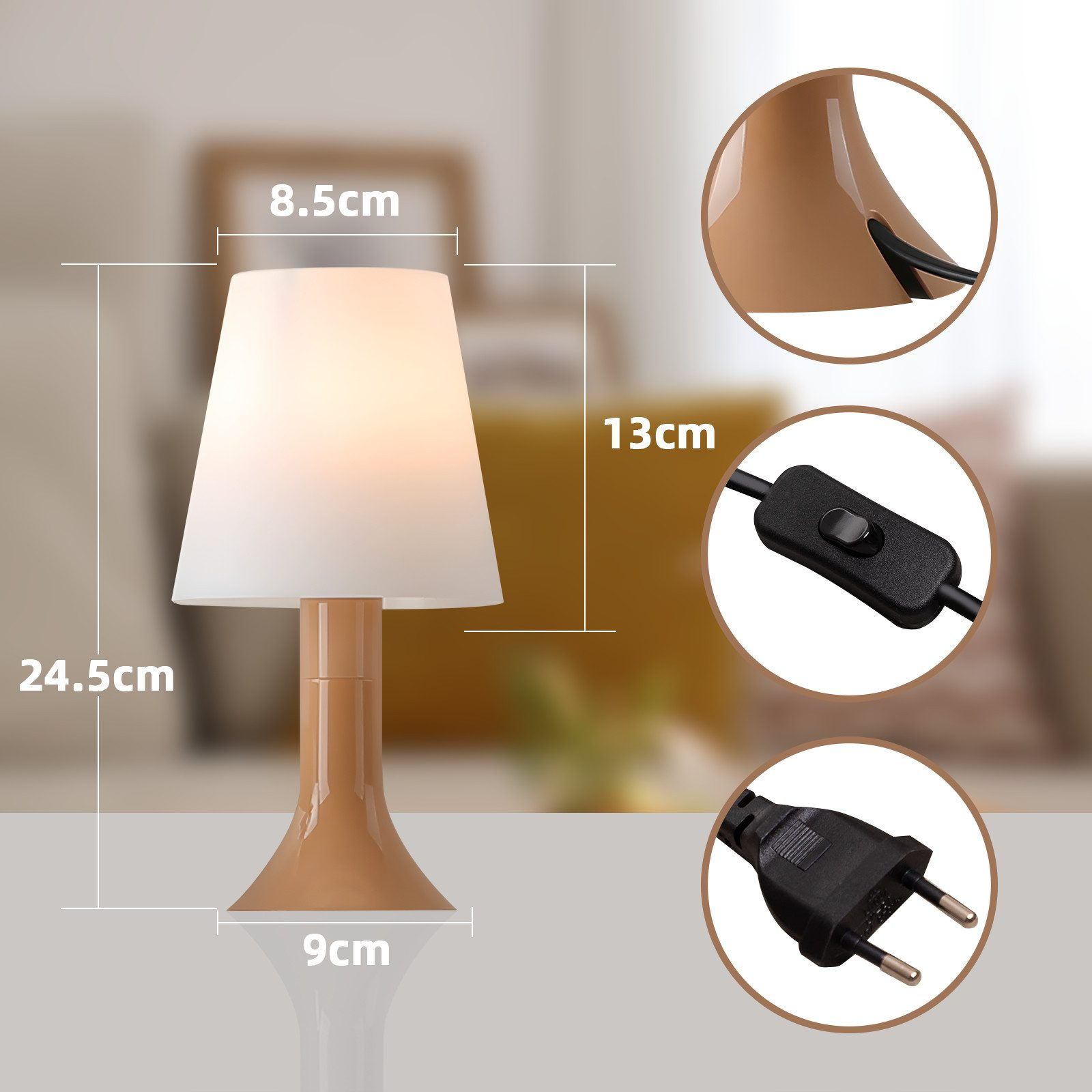 Una lampada da tavolo beige con paralume bianco, interruttore e spina neri. Vengono indicate le misure.