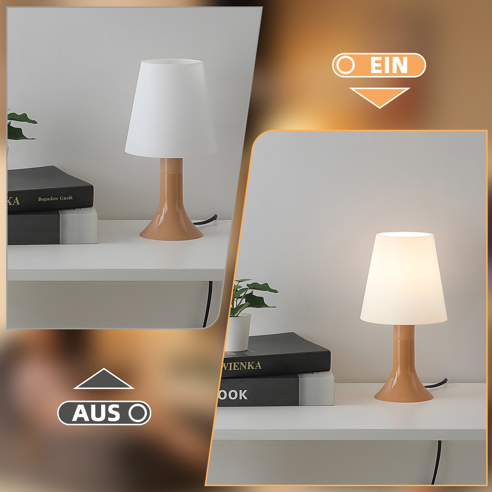 Una lampada da tavolo con paralume bianco e base arancione su un tavolo bianco. Libri e una pianta nelle vicinanze. Icone di accensione e spegnimento.