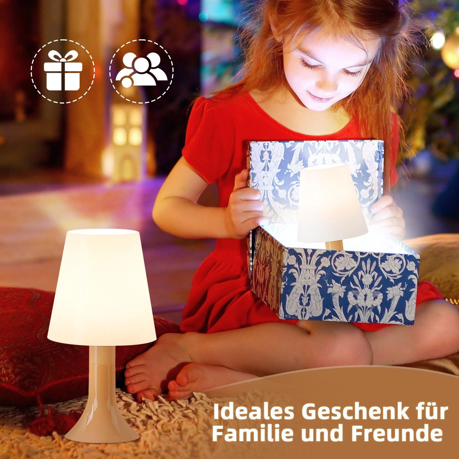 Una ragazza apre una scatola regalo contenente una lampada luminosa. Il testo dice: 'Regalo ideale per la famiglia e gli amici'.