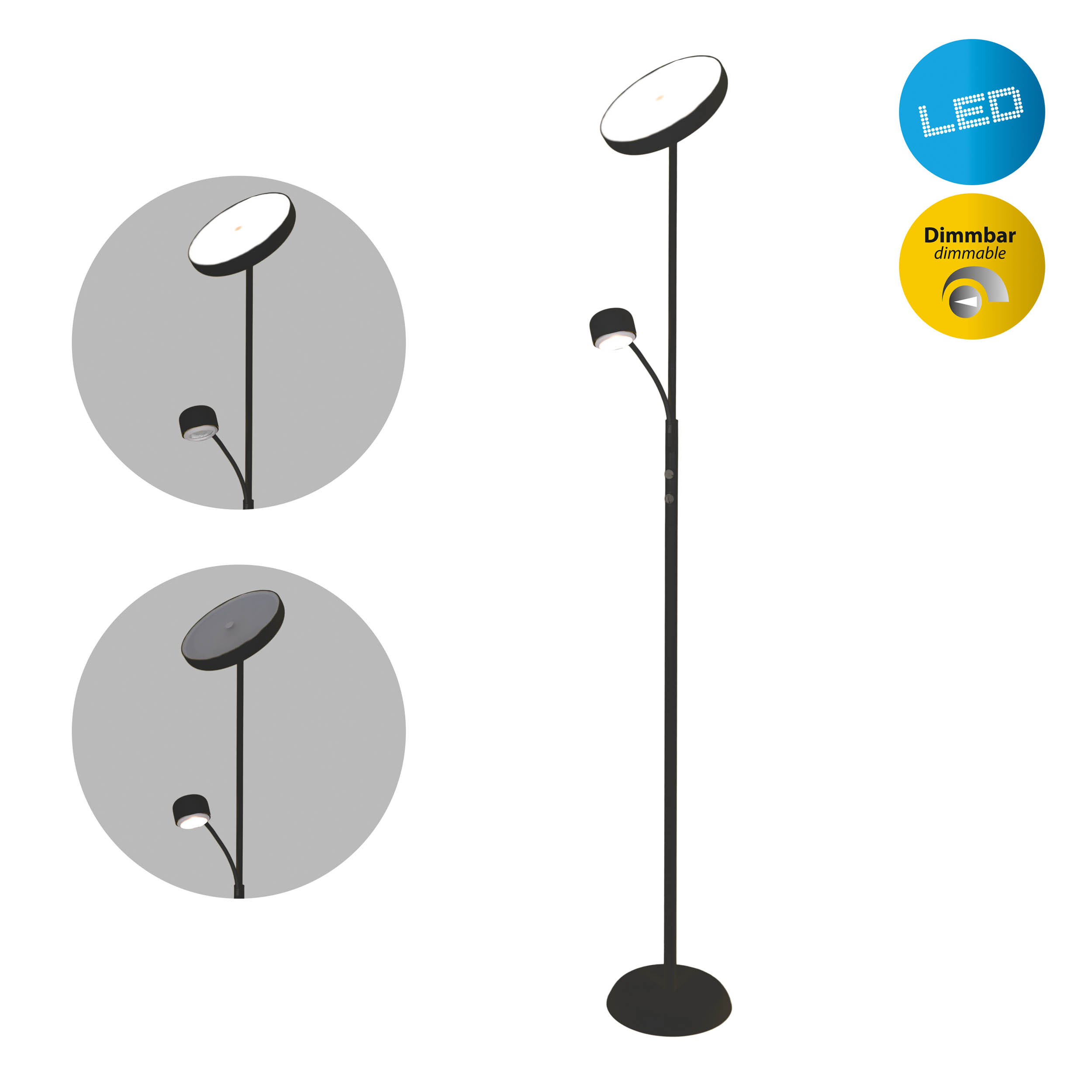 Eine schwarze Stehlampe mit zwei Lichtern und einstellbarer Helligkeit, sowie LED- und Dimmbar-Etiketten.
