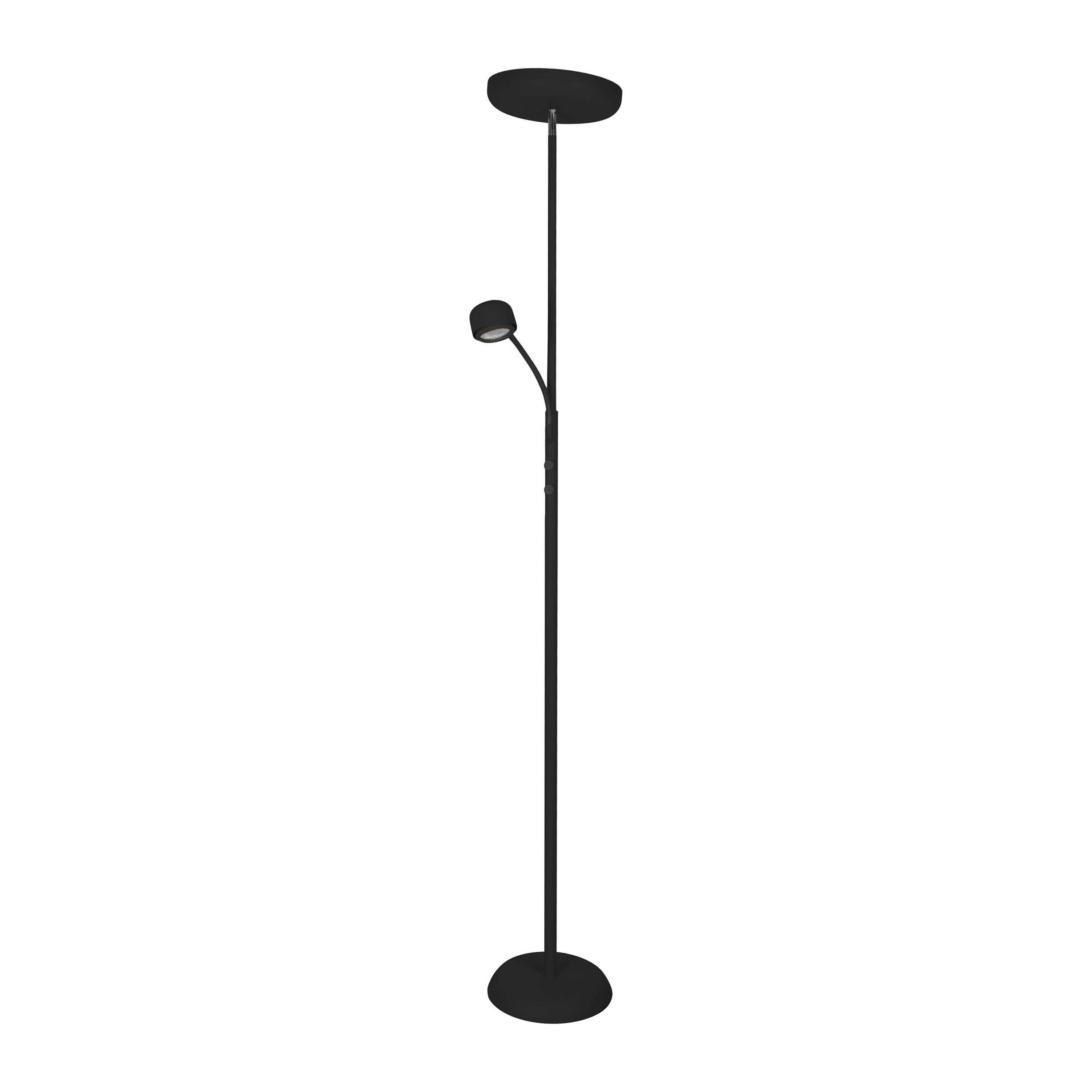 Schwarze Stehlampe mit zwei Lichtern. Eines ist ein Spot an einem gebogenen Arm. Das andere ist eine Deckenleuchte.