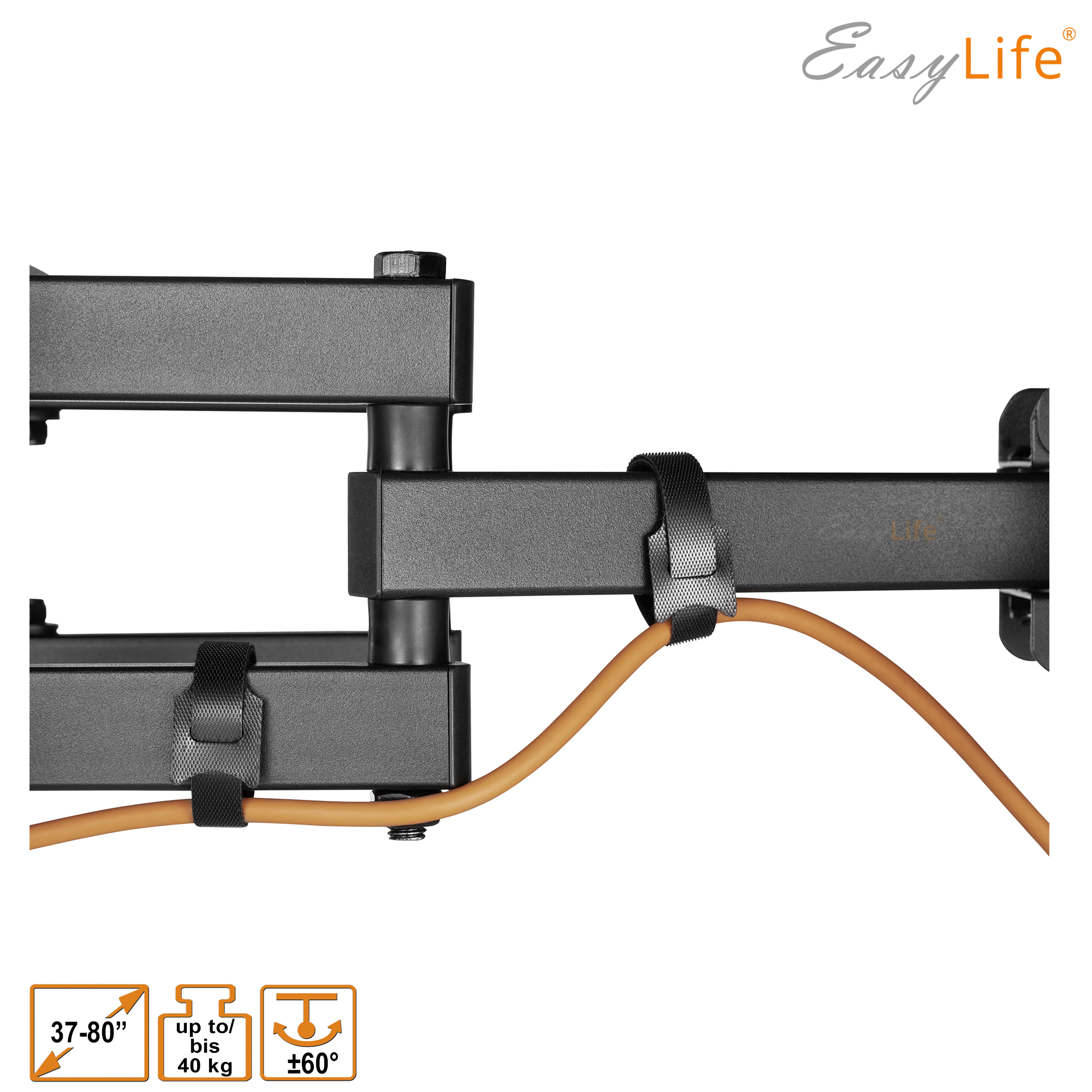 Eine schwarze TV-Wandhalterung mit einem orangefarbenen Kabel wird gezeigt. Sie hat Symbole, die Größe, Gewicht und Schwenkbereich angeben.