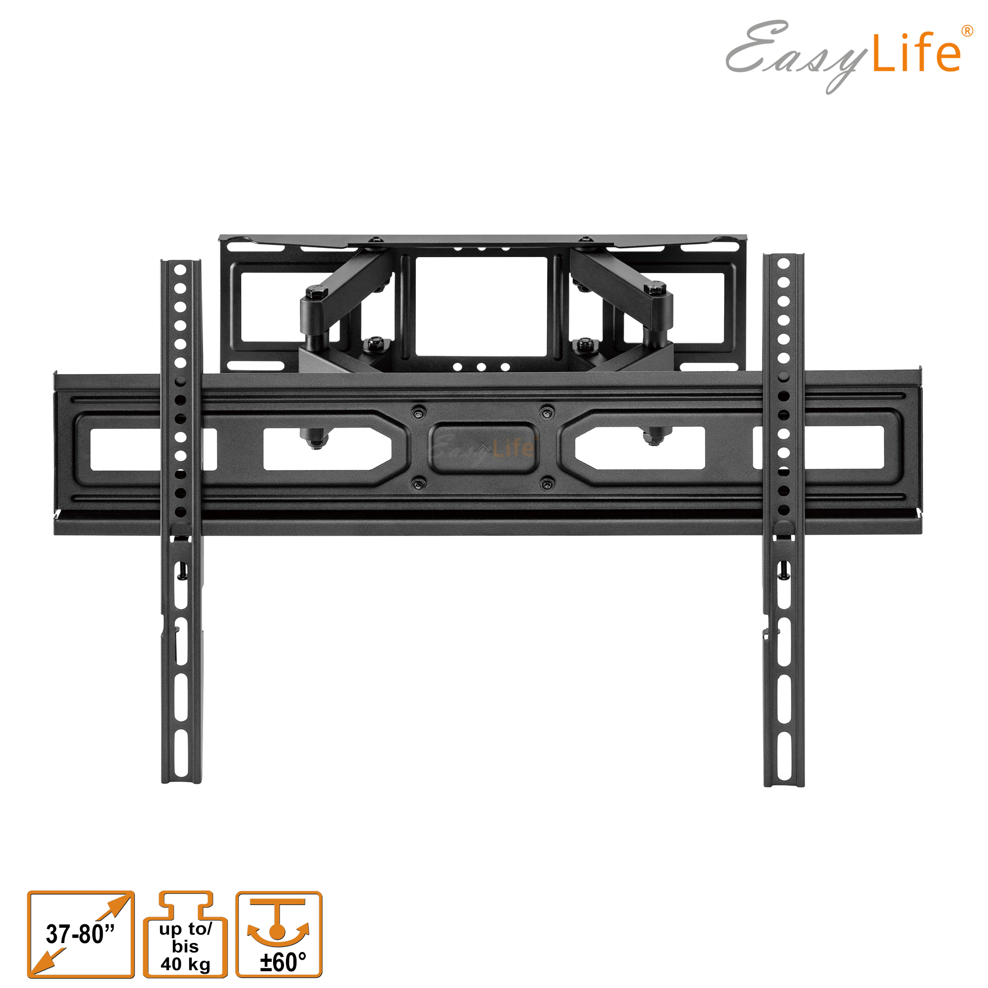Schwarze TV-Wandhalterung mit Easy Life-Logo. Merkmale sind verstellbare Arme, Halterungen und Gewichts-/Größenangaben.
