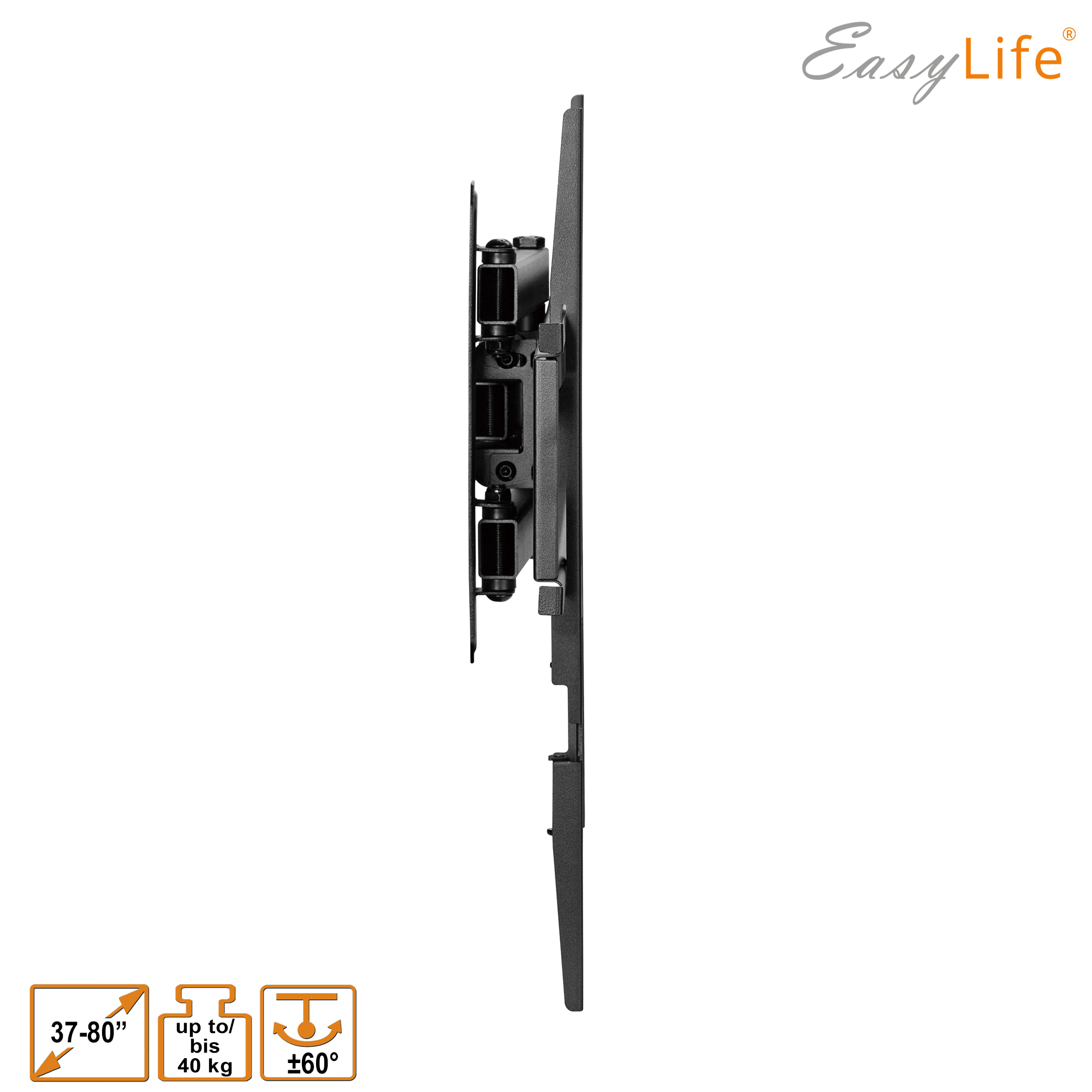 Eine schwarze TV-Wandhalterung auf weißem Hintergrund. Sie hat verstellbare Arme. Das EasyLife-Logo ist oben rechts.
