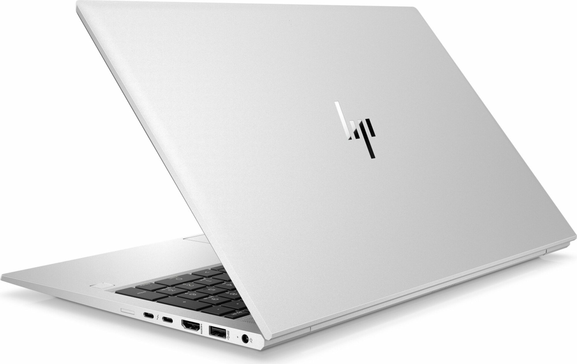 Silberner Laptop mit schwarzer Tastatur. Der Deckel ist teilweise geöffnet und zeigt den Bildschirm. Das HP-Logo ist sichtbar.