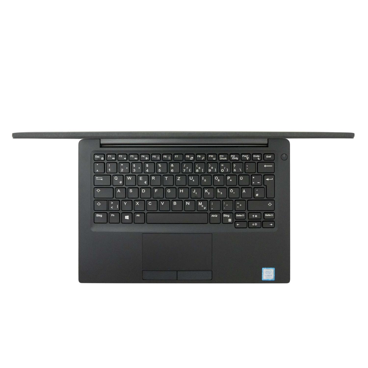 Draufsicht auf einen schwarzen Laptop mit offenem Bildschirm. Die Tastatur ist sichtbar, mit Tasten und einem Touchpad.