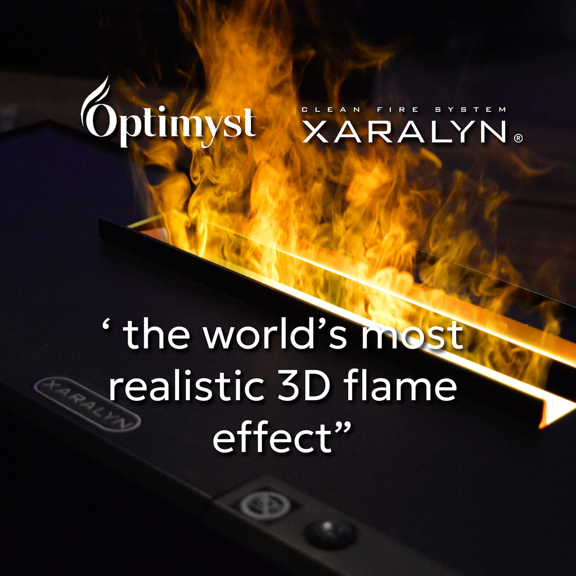 Afbeelding toont een 3D-vlameffect met Optimyst- en Xaralyn-branding. Tekst: 'meest realistische 3D-vlameffect'.