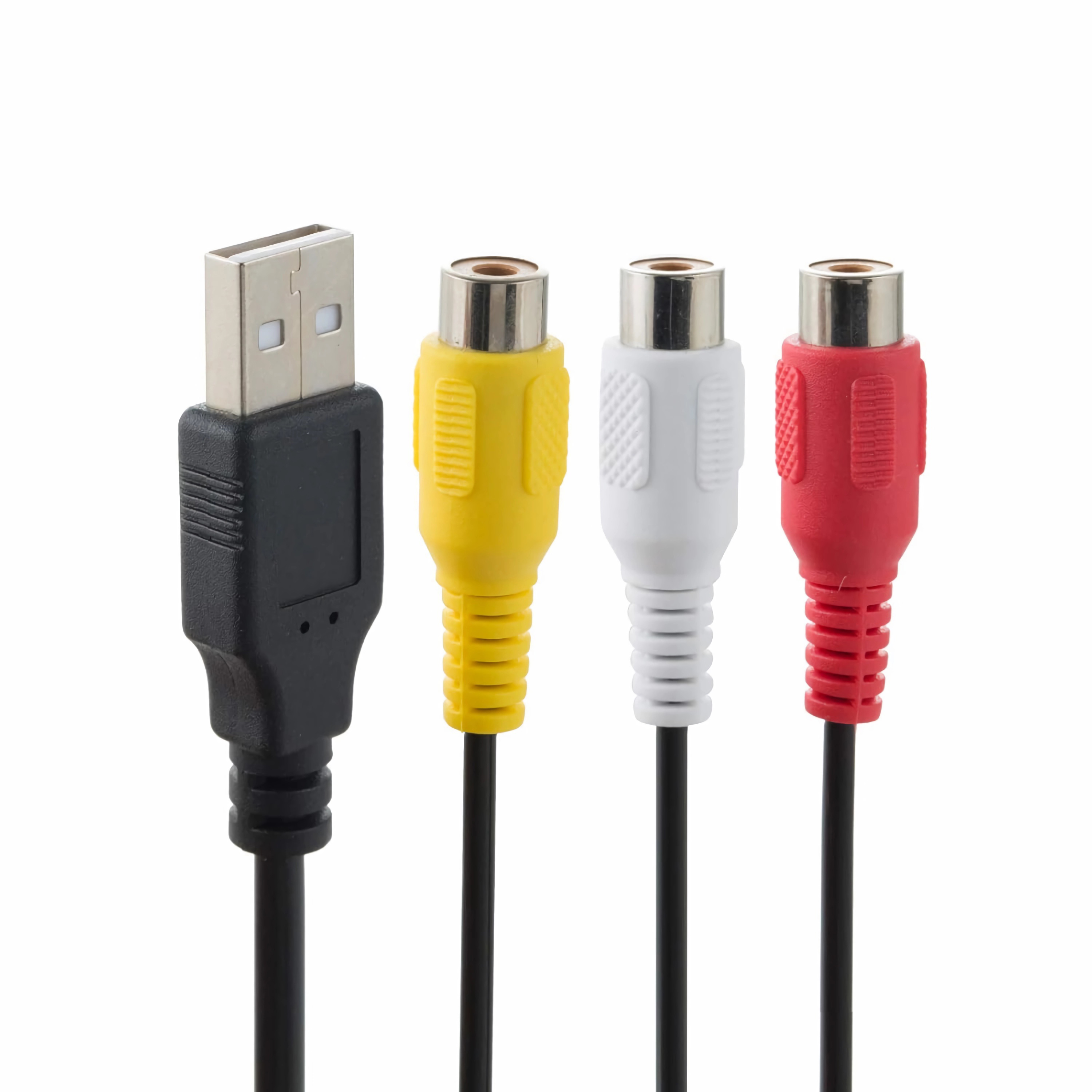 Das Bild zeigt einen USB-Anschluss und drei Cinch-Anschlüsse: gelb, weiß und rot, auf weißem Hintergrund.
