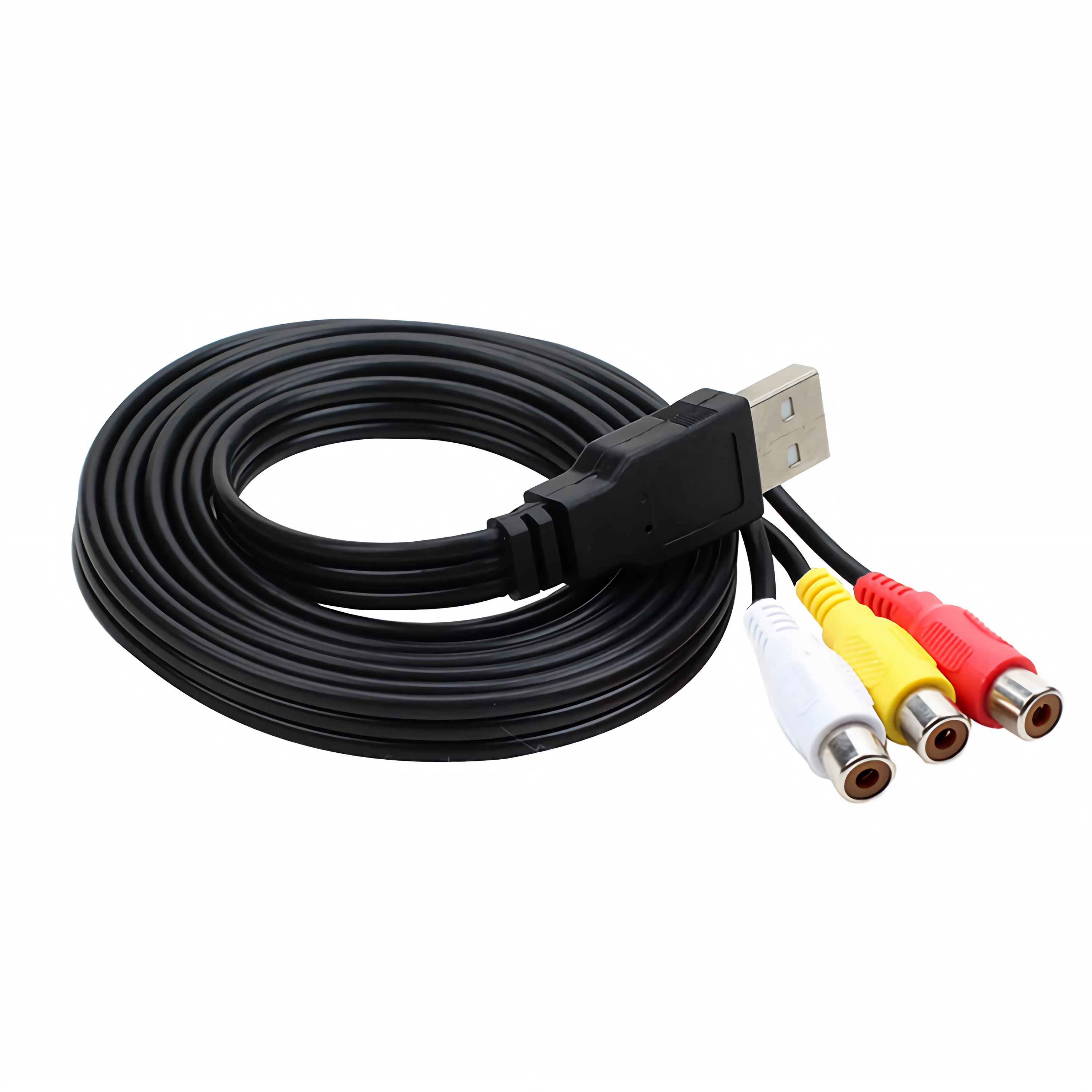 Ein schwarzes USB-Kabel mit roten, gelben und weißen Cinch-Anschlüssen. Das Kabel ist aufgerollt.