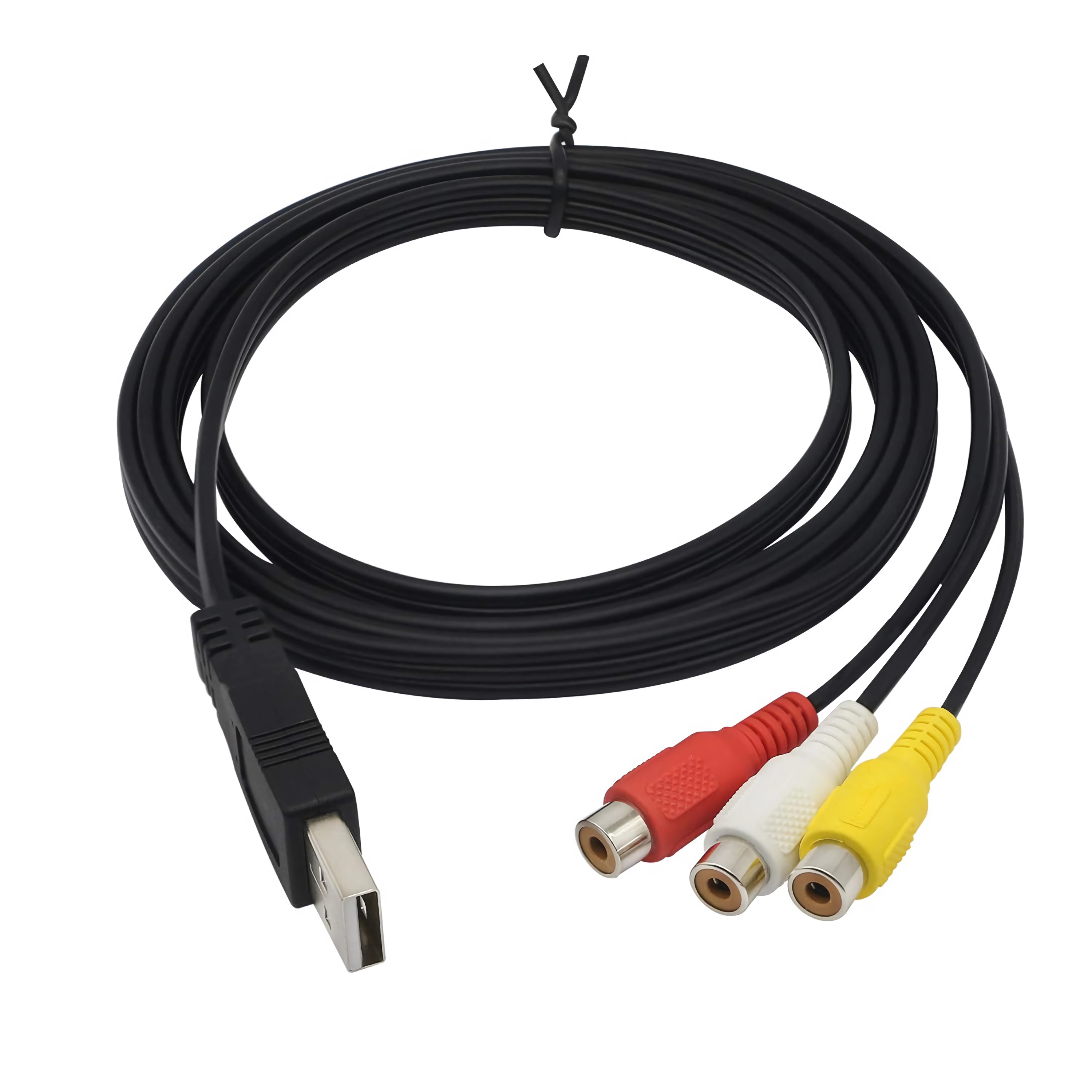 Ein schwarzes USB-zu-Cinch-Kabel mit einem USB-Anschluss und drei Cinch-Anschlüssen in Rot, Weiß und Gelb auf weißem Hintergrund.
