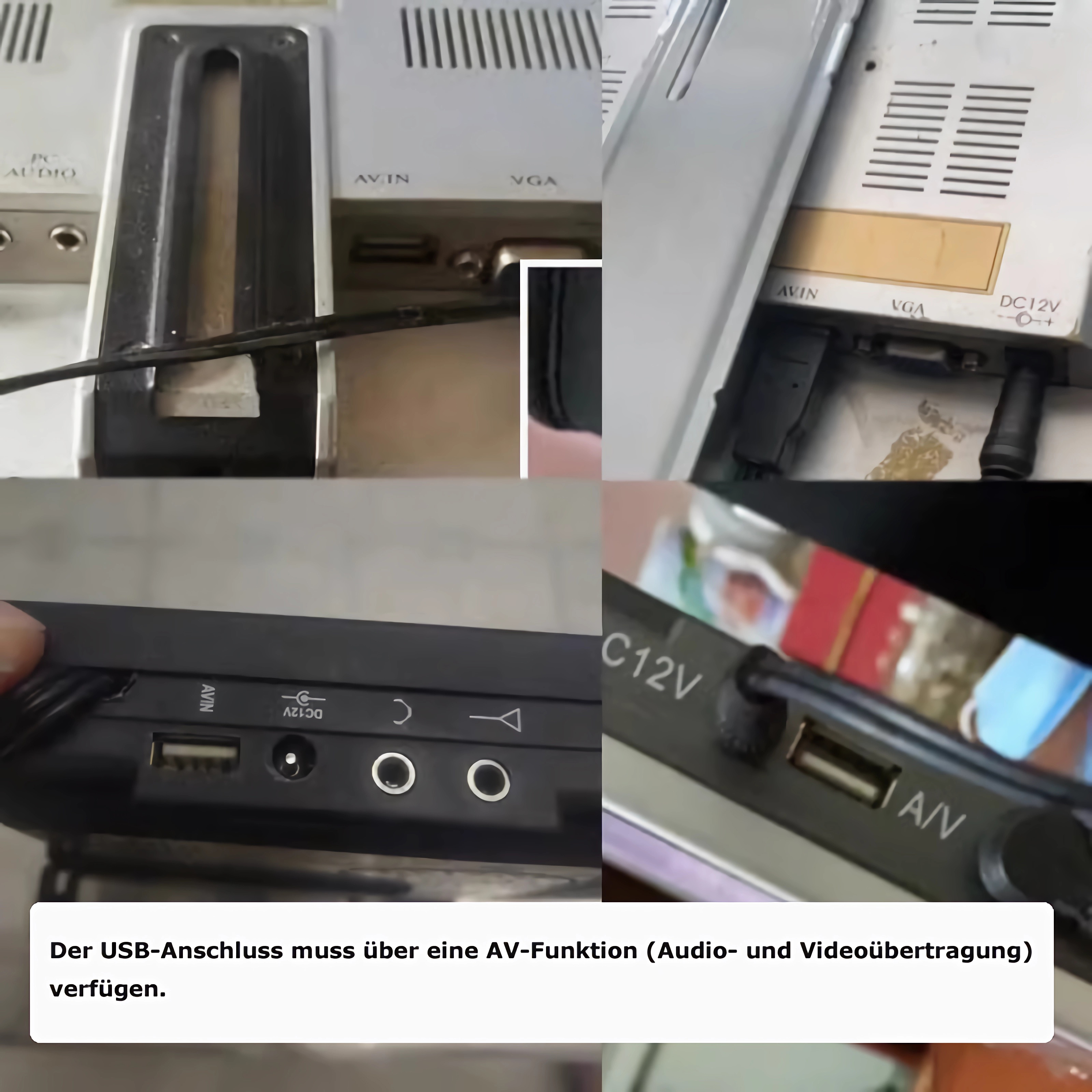 Das Bild zeigt Nahaufnahmen von Geräteanschlüssen, darunter AV, VGA und USB. Text besagt, USB muss AV haben.
