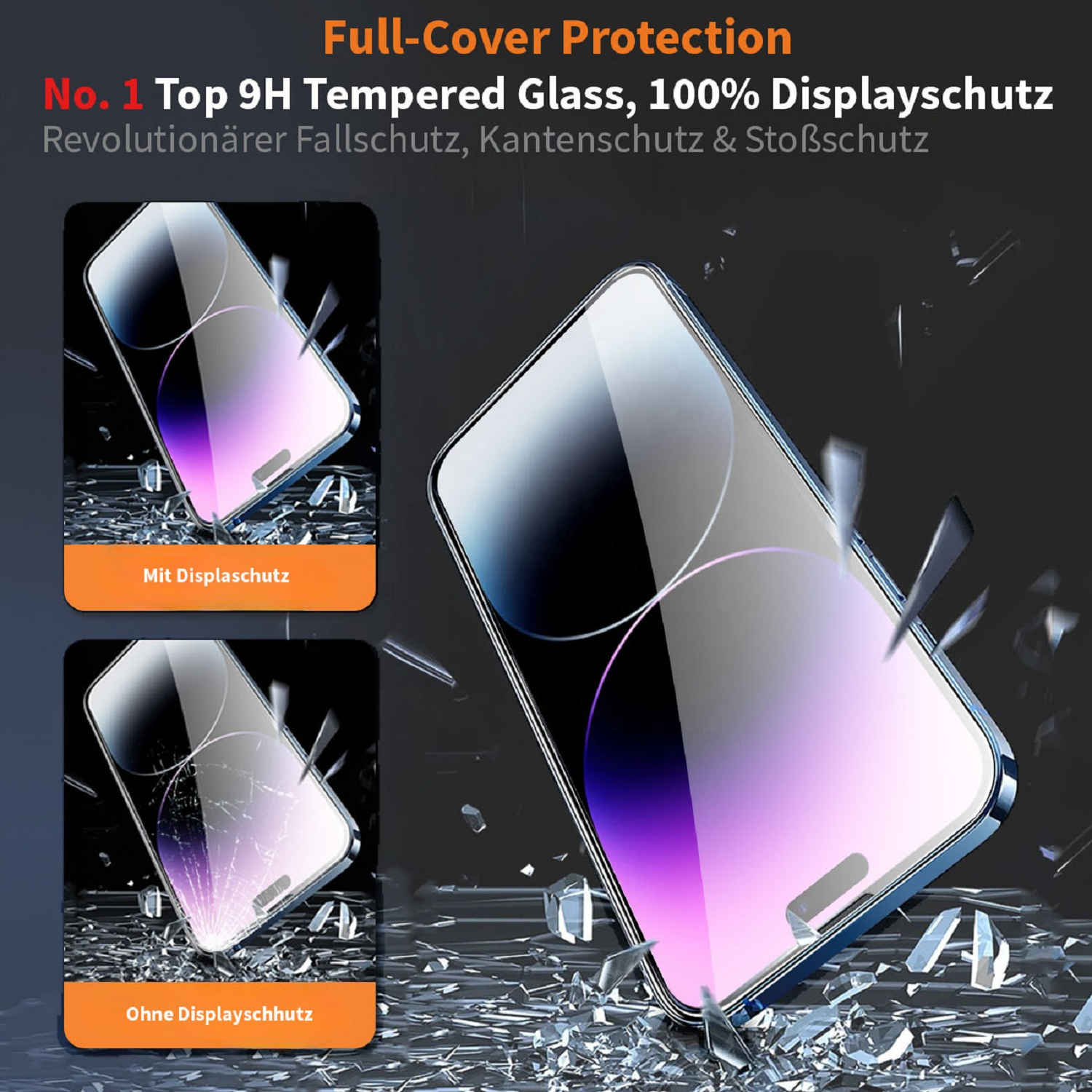 Das Bild zeigt ein Telefon mit und ohne Displayschutz. Der Text hebt gehärtetes Glas, Fall-, Kanten- und Aufprallschutz hervor.