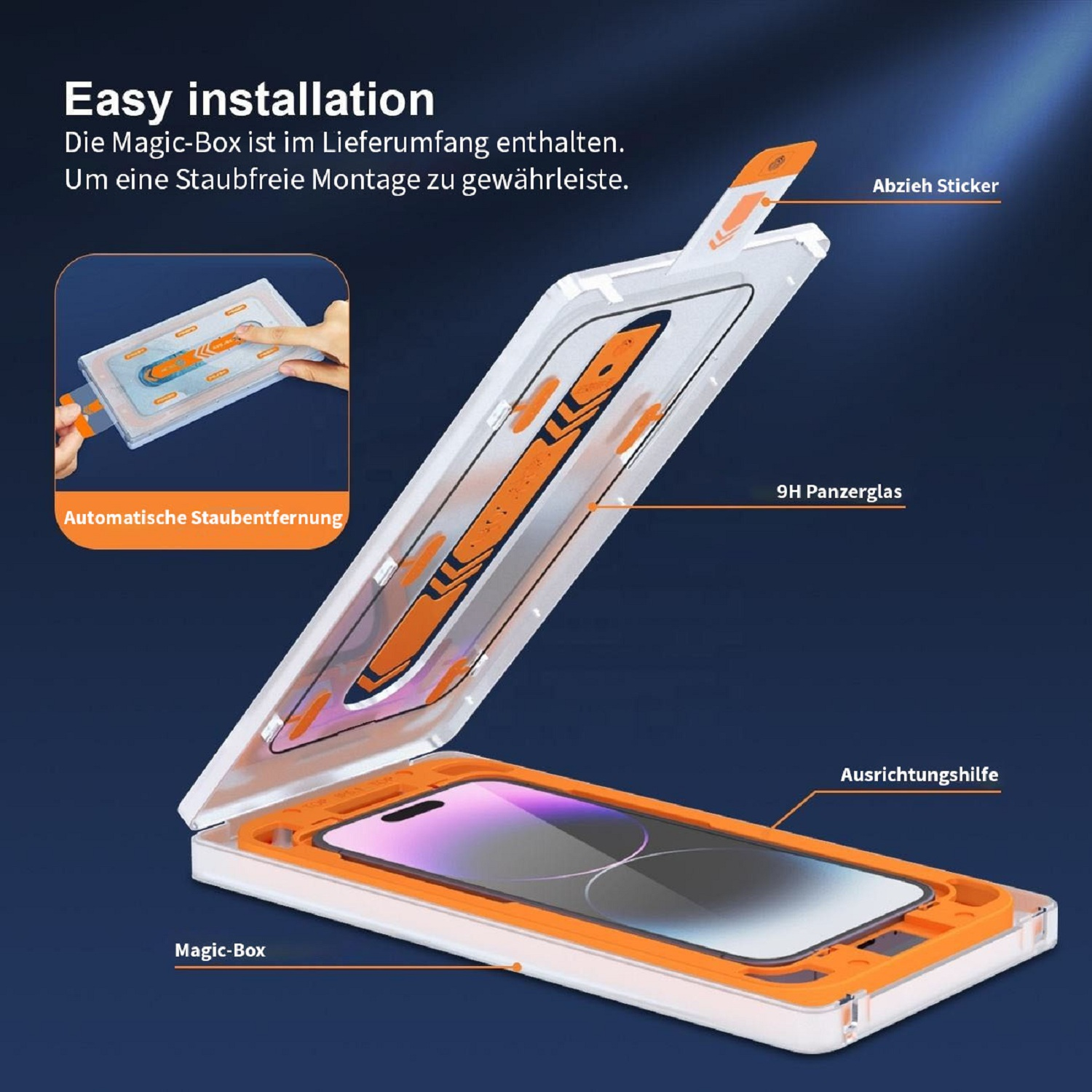 Eine offene weiße und orangefarbene Box mit einem Telefon darin, und ein kleineres Bild zeigt eine Hand, die die Box zur Installation verwendet.