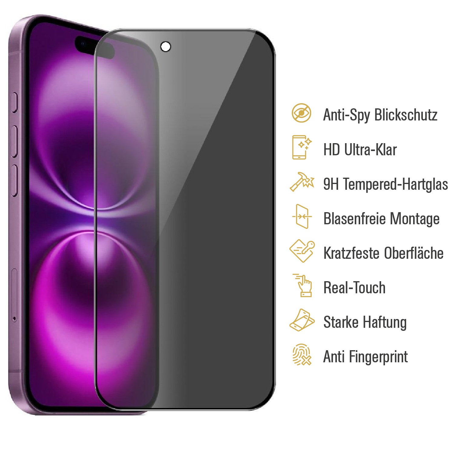 Ein Smartphone mit Displayschutz. Text auf der Seite erwähnt Anti-Spy, HD, gehärtetes Glas und andere Funktionen.