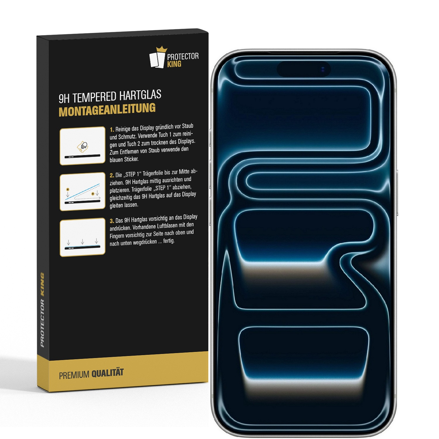 Ein Telefon mit Displayschutzfolie neben einer Box mit Anweisungen. Der Telefondisplay ist dunkelblau mit hellblauen Linien.