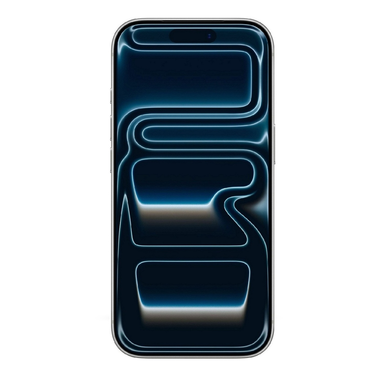 Smartphone mit dunkelblauem Bildschirm, der abstrakte Linien zeigt. Das Telefon hat einen silbernen Rahmen und einen weißen Hintergrund.