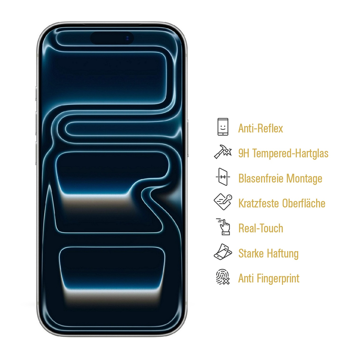 Ein Smartphone mit Displayschutzfolie, das ein neonblaues Design zeigt. Zu den Merkmalen gehören Anti-Reflex, Kratzfestigkeit und Fingerabdruckschutz.