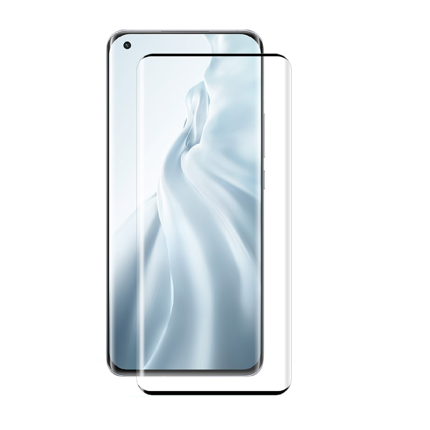 Ein Smartphone mit Displayschutzfolie wird gezeigt. Der Bildschirm zeigt ein verschwommenes, abstraktes Muster. Der Schutz ist leicht vom Telefon entfernt.