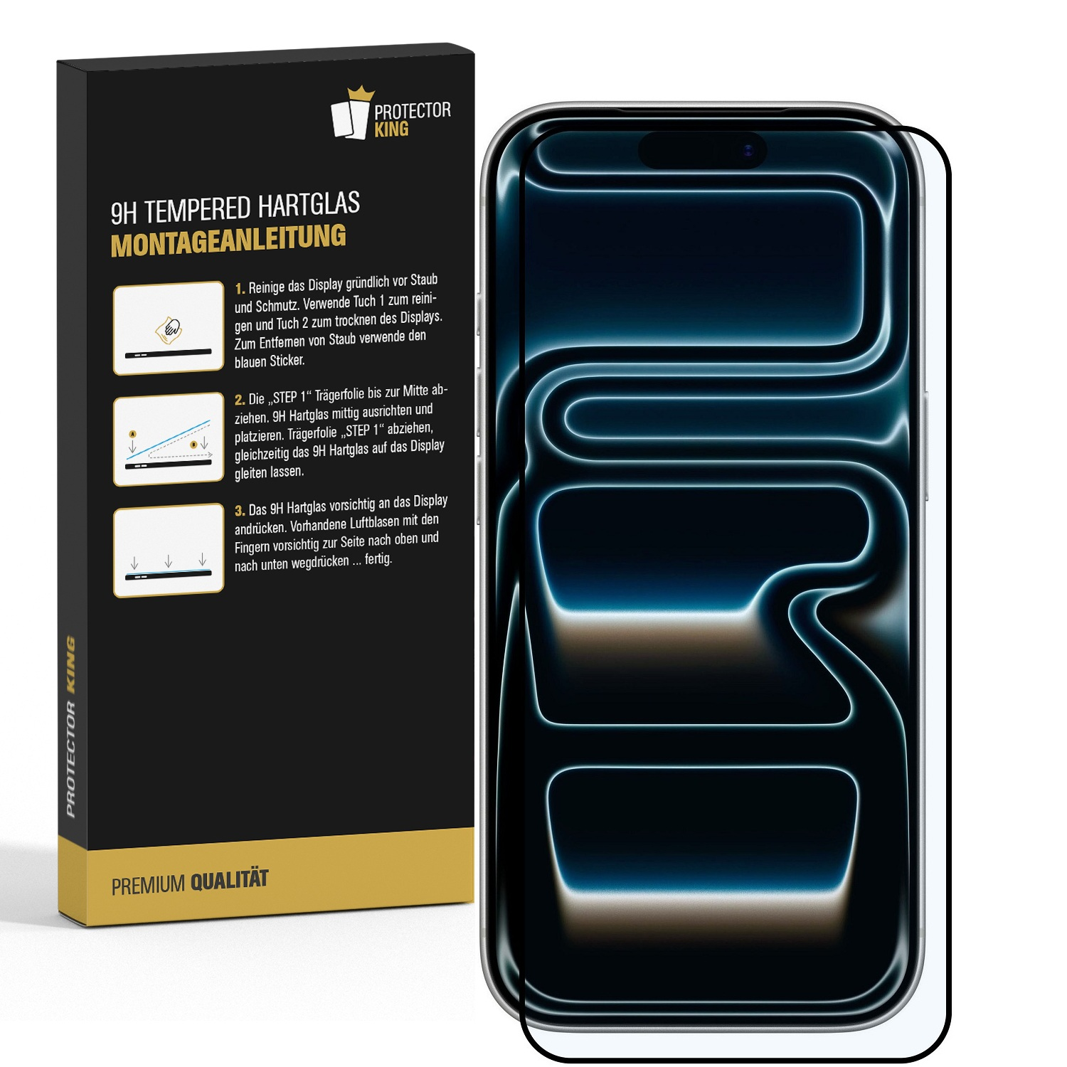 Eine Handy-Displayschutzfolie neben ihrer Verpackung. Die Verpackung enthält Anweisungen auf Deutsch.