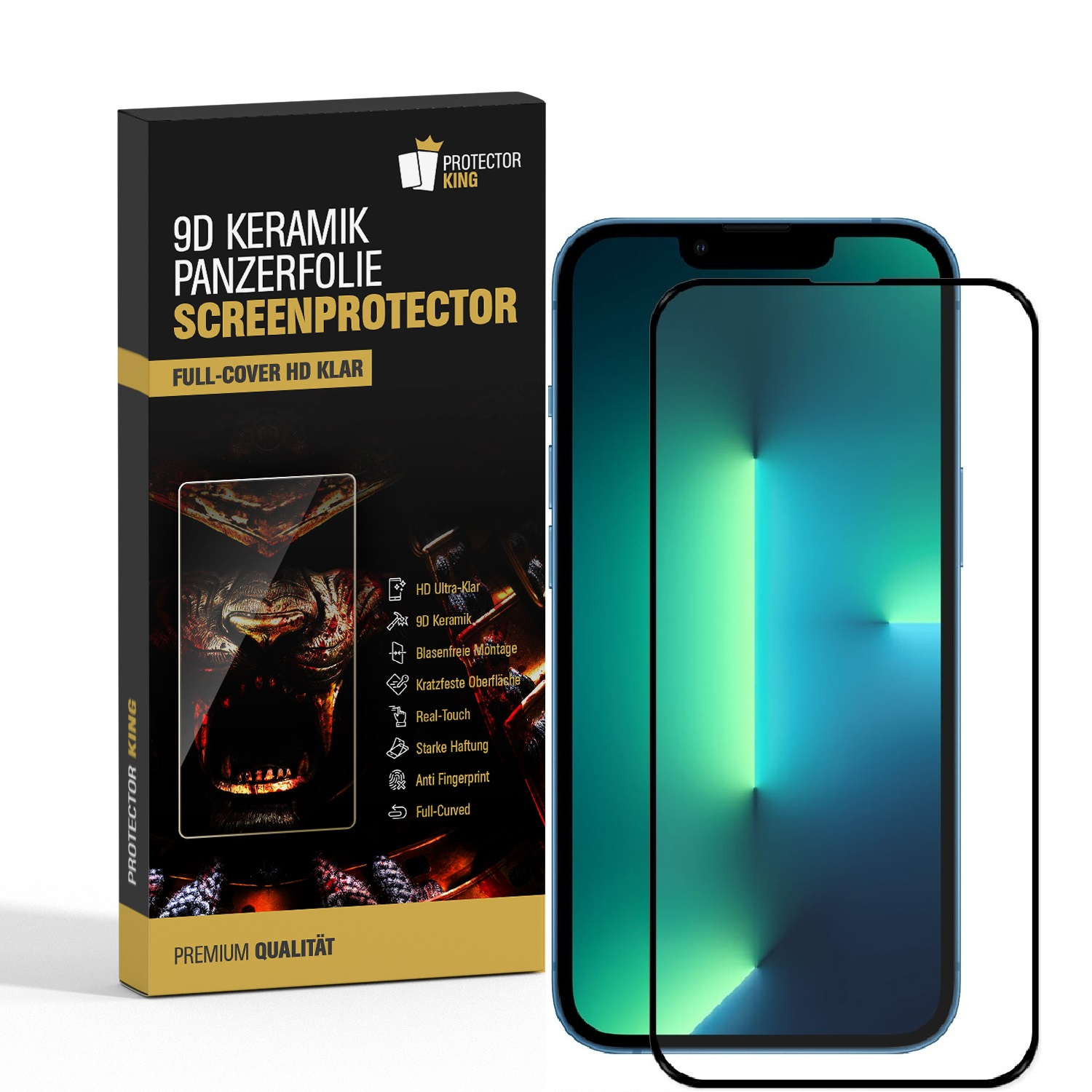 Ein Telefon mit Displayschutzfolie neben seiner Verpackung, auf der der Name 'SCREENPROTECTOR' und Produktmerkmale stehen.